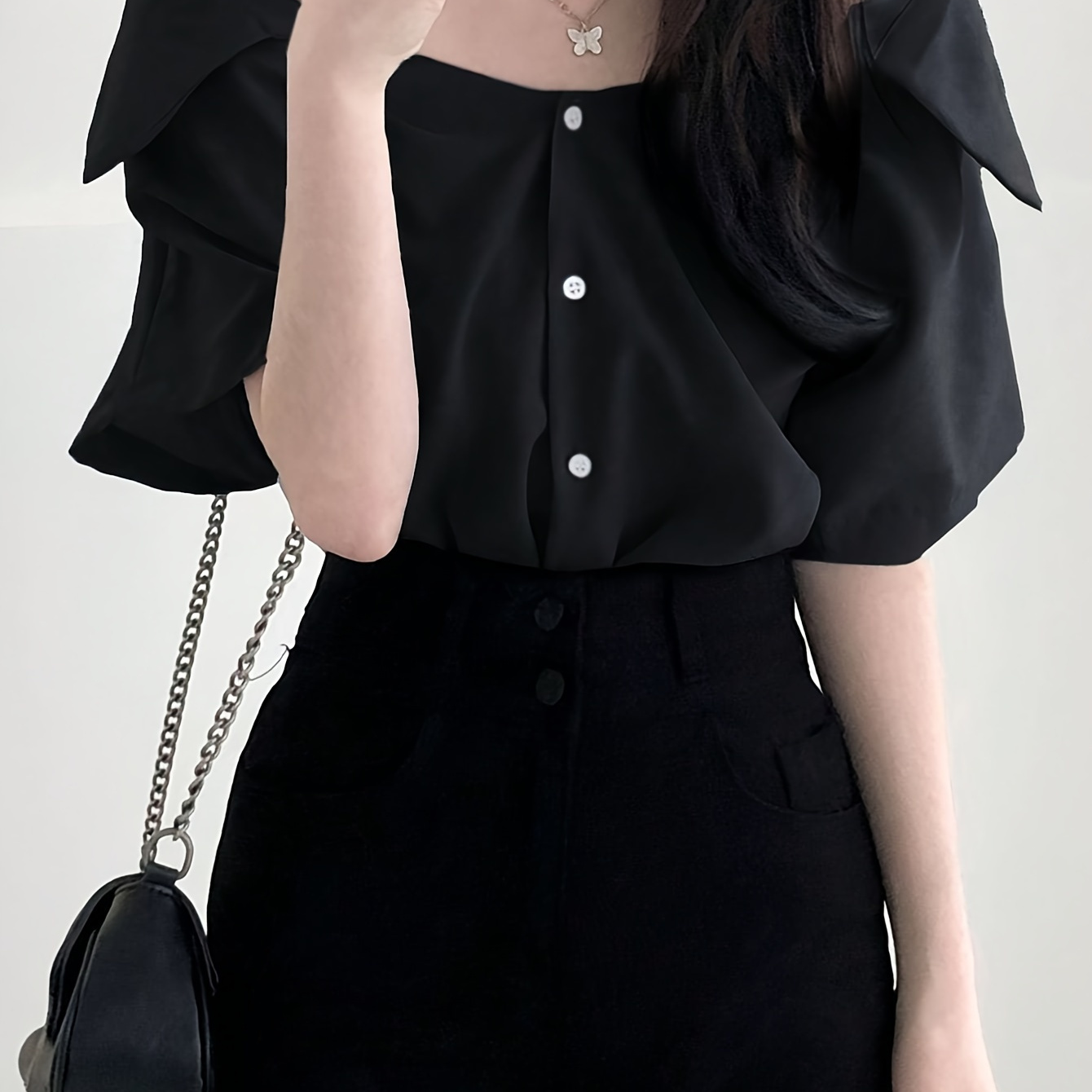

Cold Shoulder Button Front Blouse, Chic Short Sleeve Blouse For Spring & Summer, Women's Clothing
