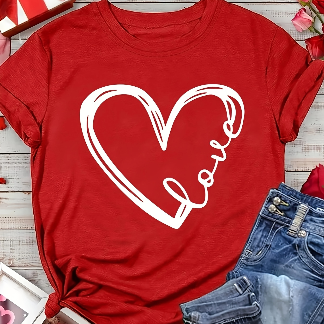 

Women's Valentine's Day Love Heart Print T-shirt, 100% Polyester Knit Fabric, Casual Crew Neck Short Sleeve Top For All , Casual Wear|heart Graphic Tee|knit Tshirt, Valentines Day Gifts