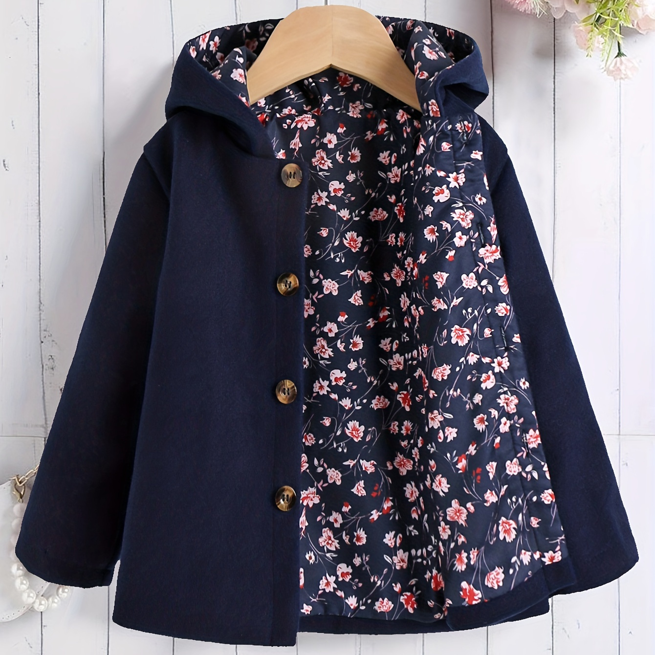 

Girls Windbreaker Floral Lining Print Button Hooded Loose Jacket Pea Coat For Fall/ Spring, Kids Clothes