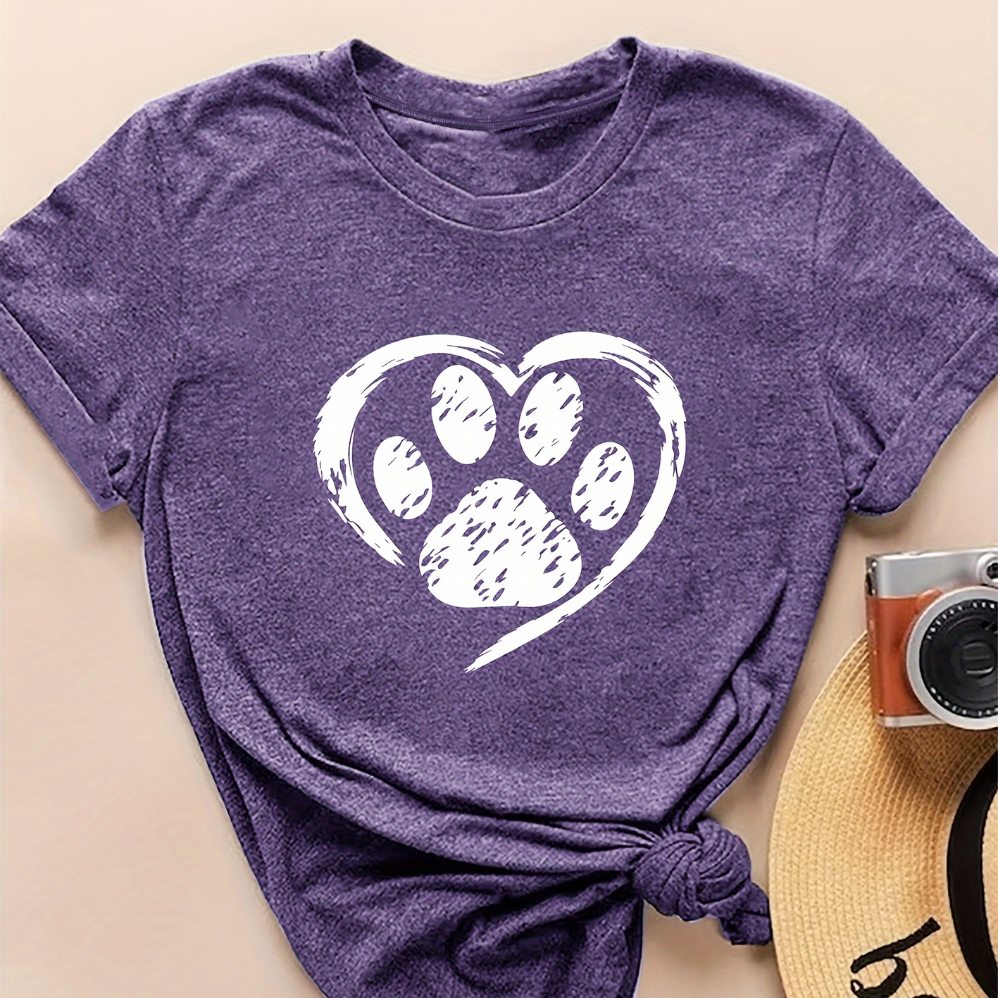 

Women's Vintage Style Short Sleeve T-shirt With Love Heart Cat Paw Print, Casual Round Neck Top