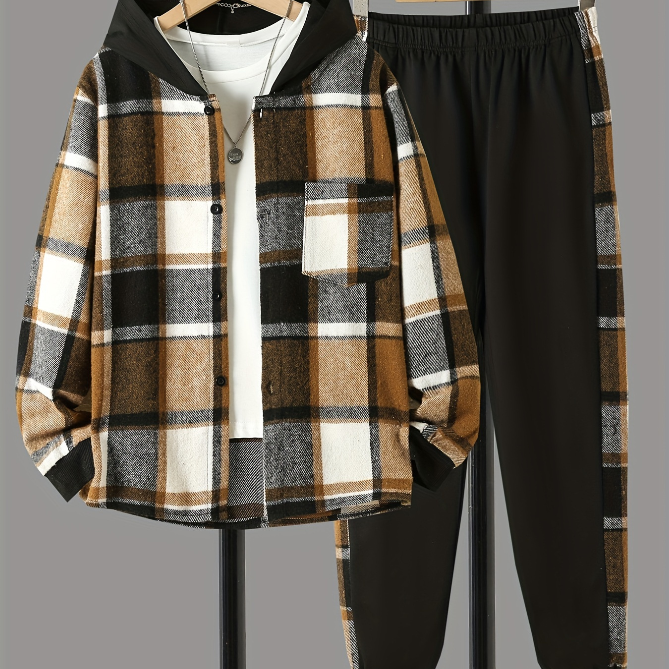 

Boy's Trendy 2pcs, Hooded Shirt & Sweatpants Set, Plaid Pattern Long Sleeve Top, Casual Outfits, Kids Clothes For Spring Fall
