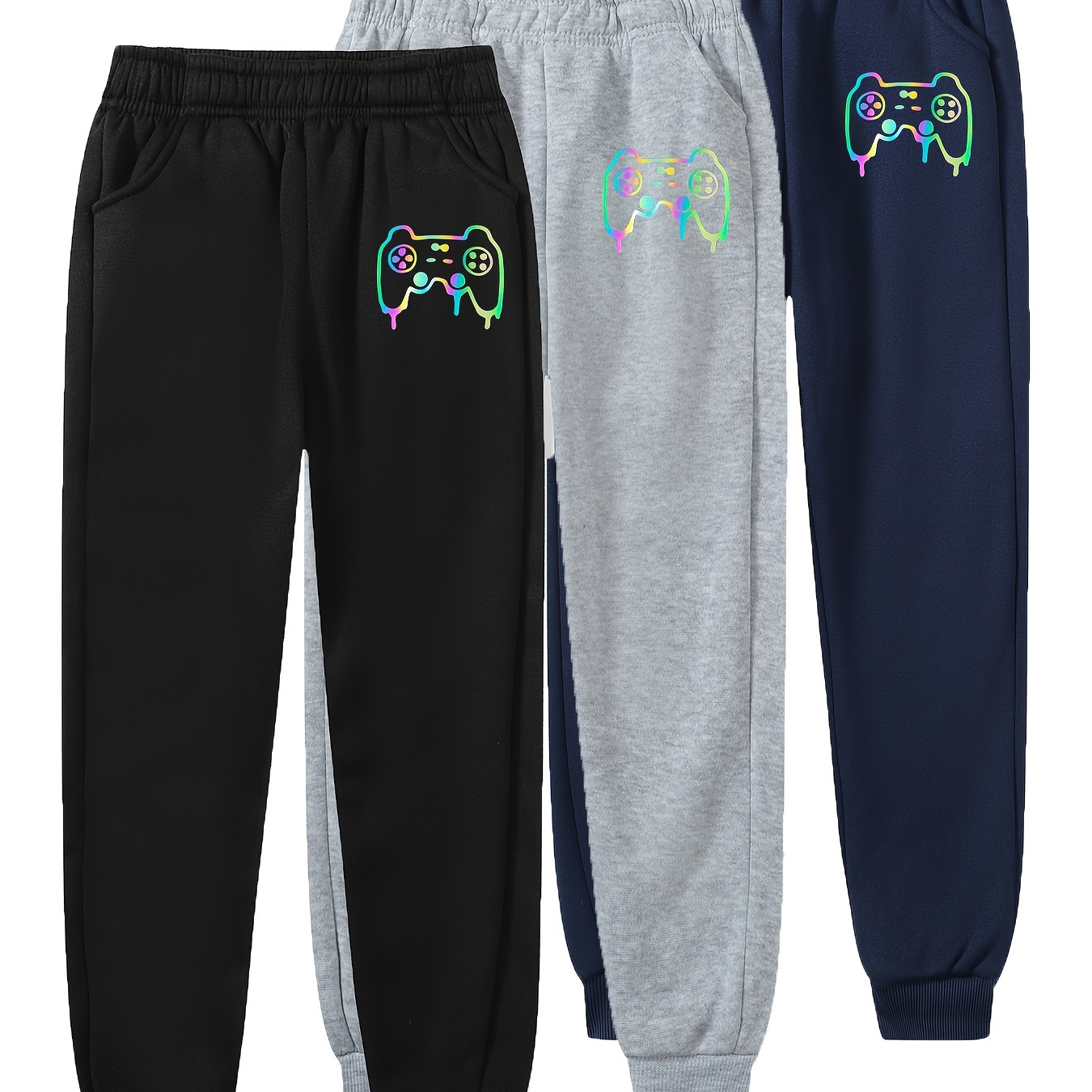 

3pcs Kid's Game Console Print Sweatpants, Warm Fleece Elastic Waist Jogger Pants, Boy's Clothes For Fall Winter, As Gift