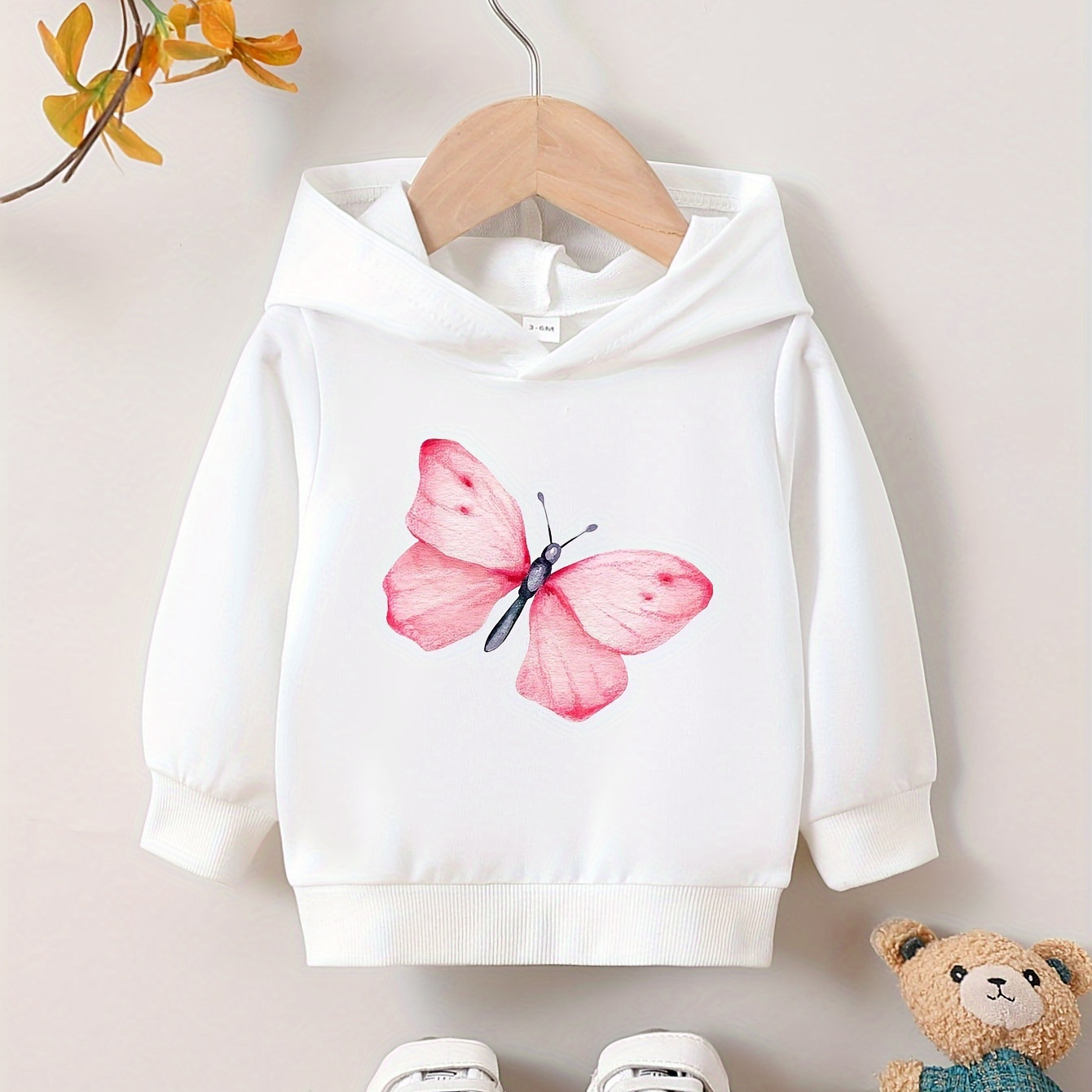 

Baby Girl Cute Cartoon Butterfly Print New Style Hoodie, Long Sleeve Spring And Autumn Casual Hooded Sweatshirt