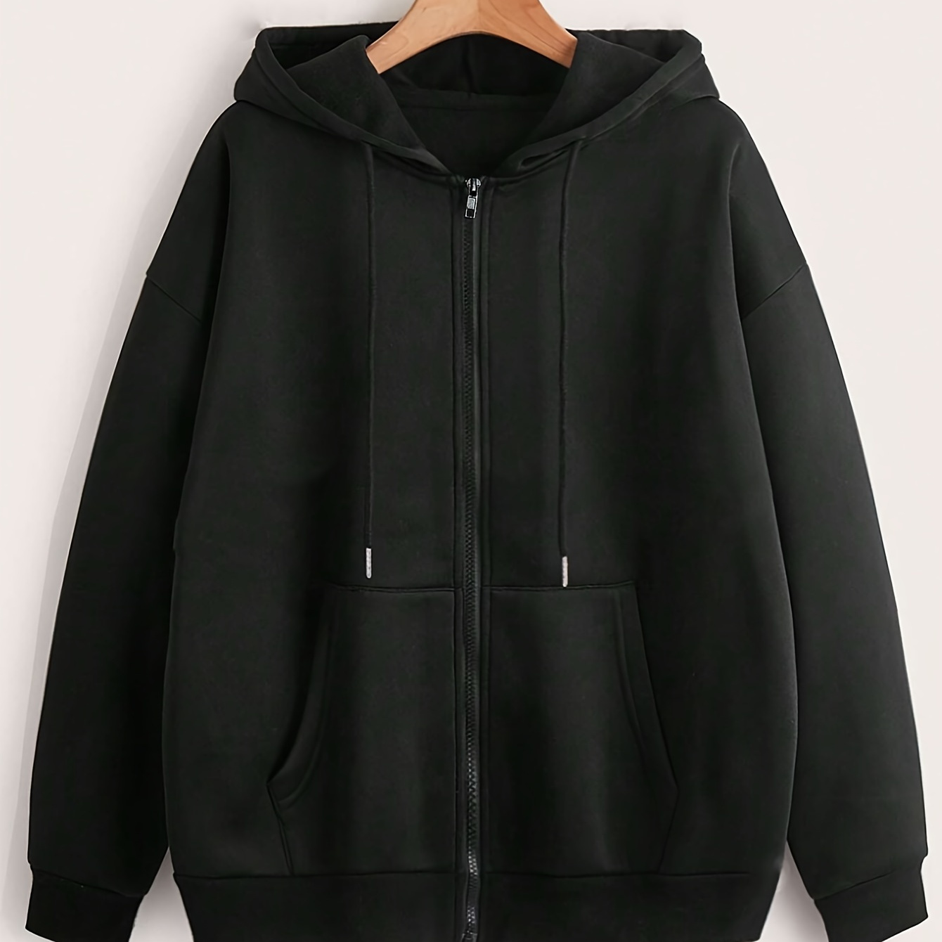 

Solid Color Zipper Front Kangaroo Pocket Hoodie, Casual Drop Shoulder Long Sleeve Drawstring Hoodies Sweatshirt, Women's Clothing