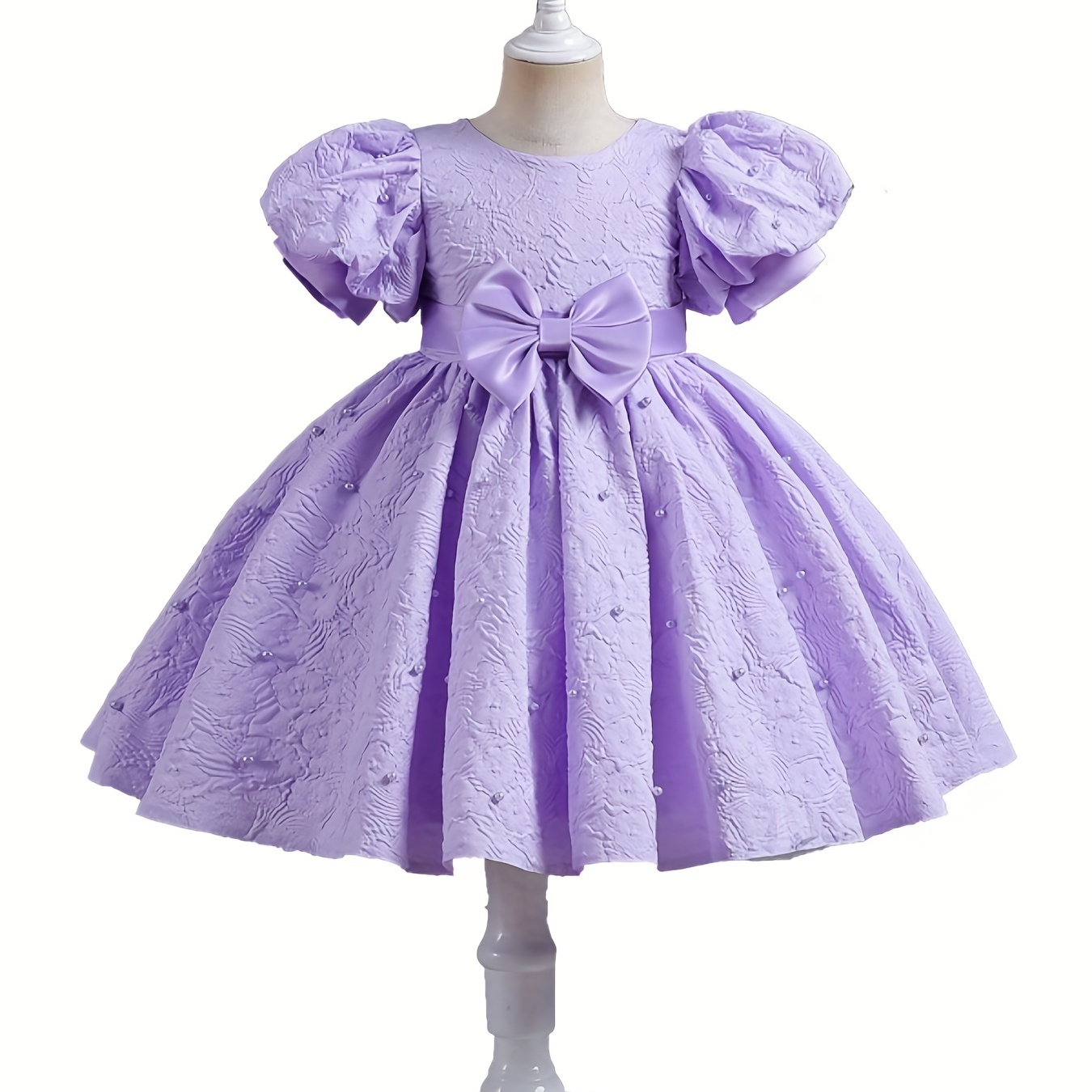 Girls Sweet & Cute Puff Sleeve Puffy Princess Dress With Fake Pearls Decors, Baby Girl Party Birthday Evening Host Piano Performance Gown Dress