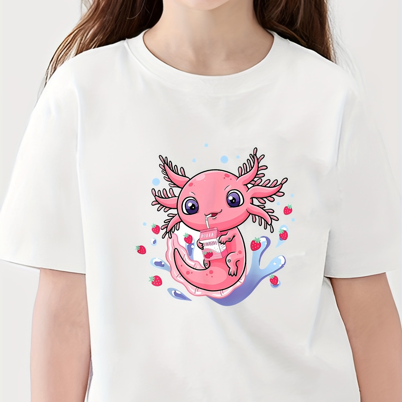 

Cute Cartoon Axolotl Graphic Print, Girls' Casual Crew Neck Short Sleeve T-shirts, Comfy Top Clothes For Spring And Summer For Outdoor Activities