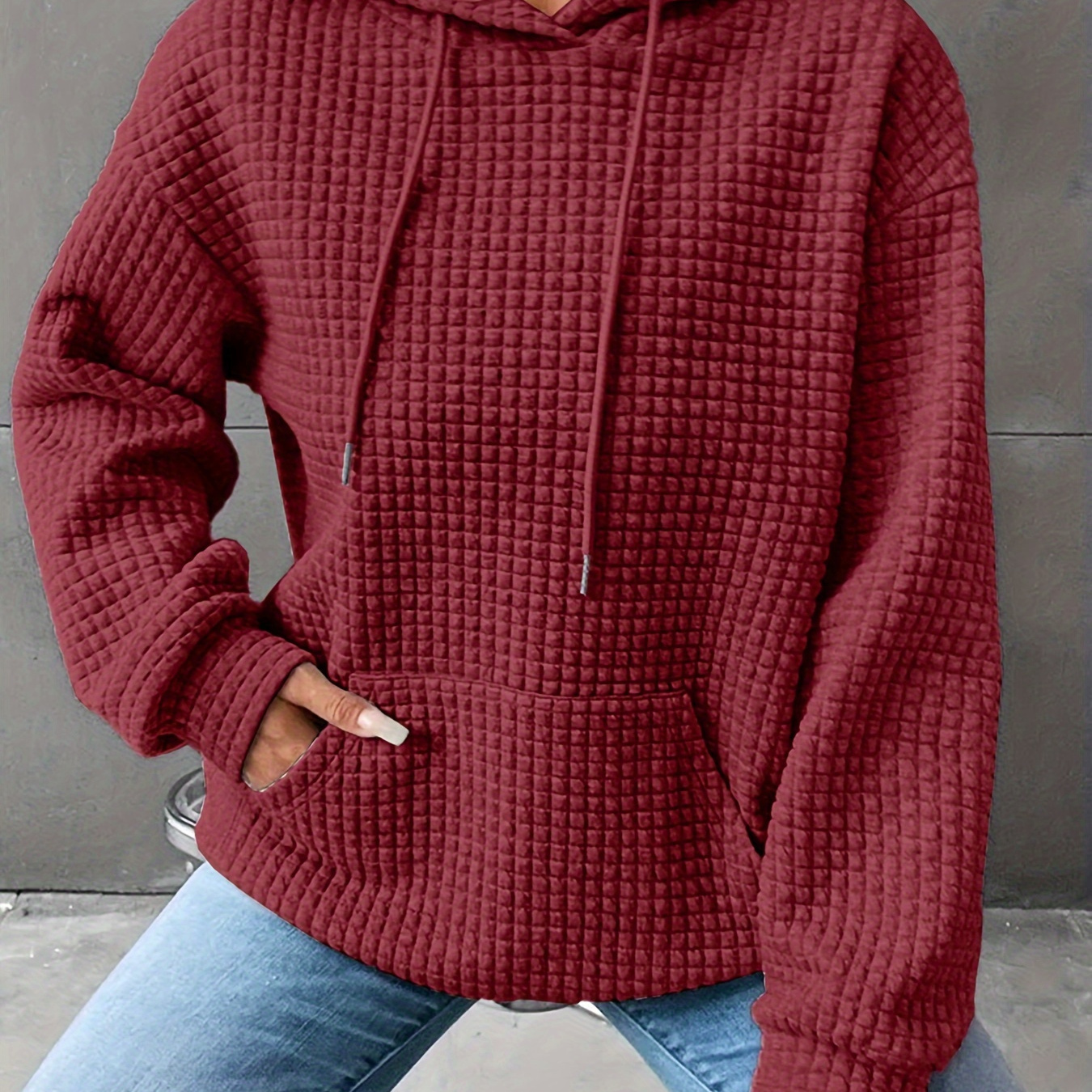 

Plus Size Casual Sweatshirt, Women's Plus Solid Waffle Pattern Long Sleeve Drawstring Hooded Sweatshirt With Pockets