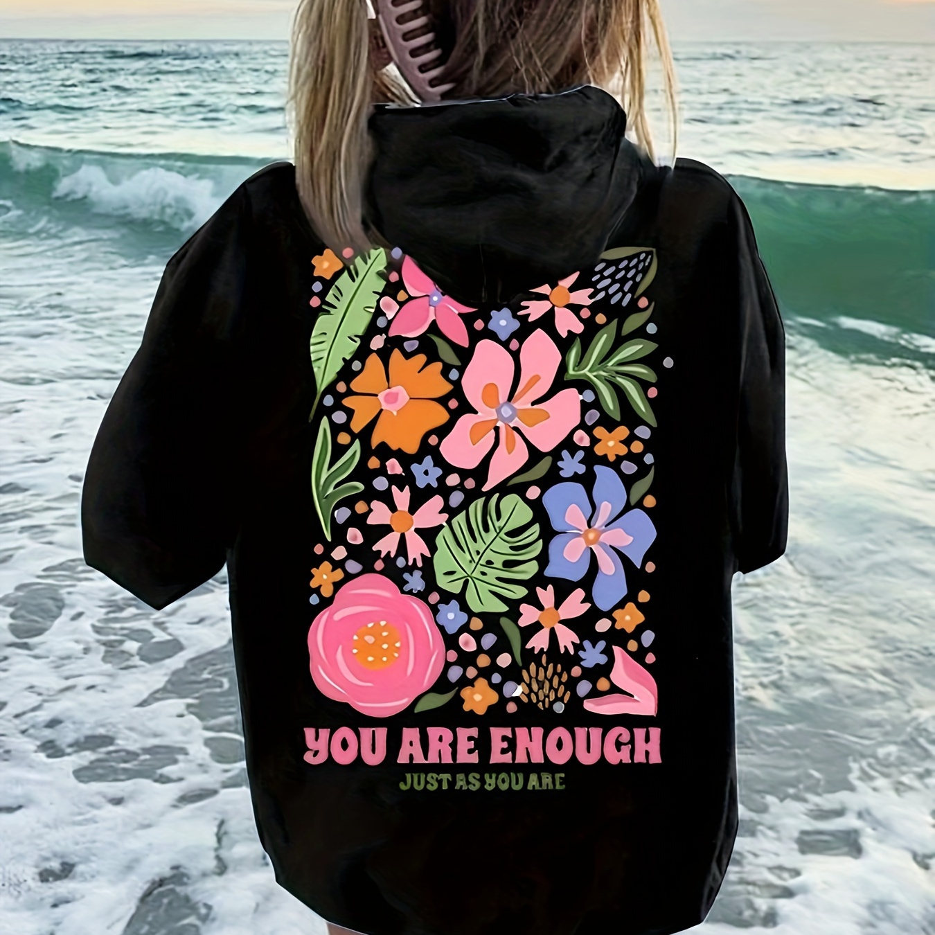 

Floral Print Hoodie, Drawstring Casual Hooded Sweatshirt For Fall & Spring, Women's Clothing
