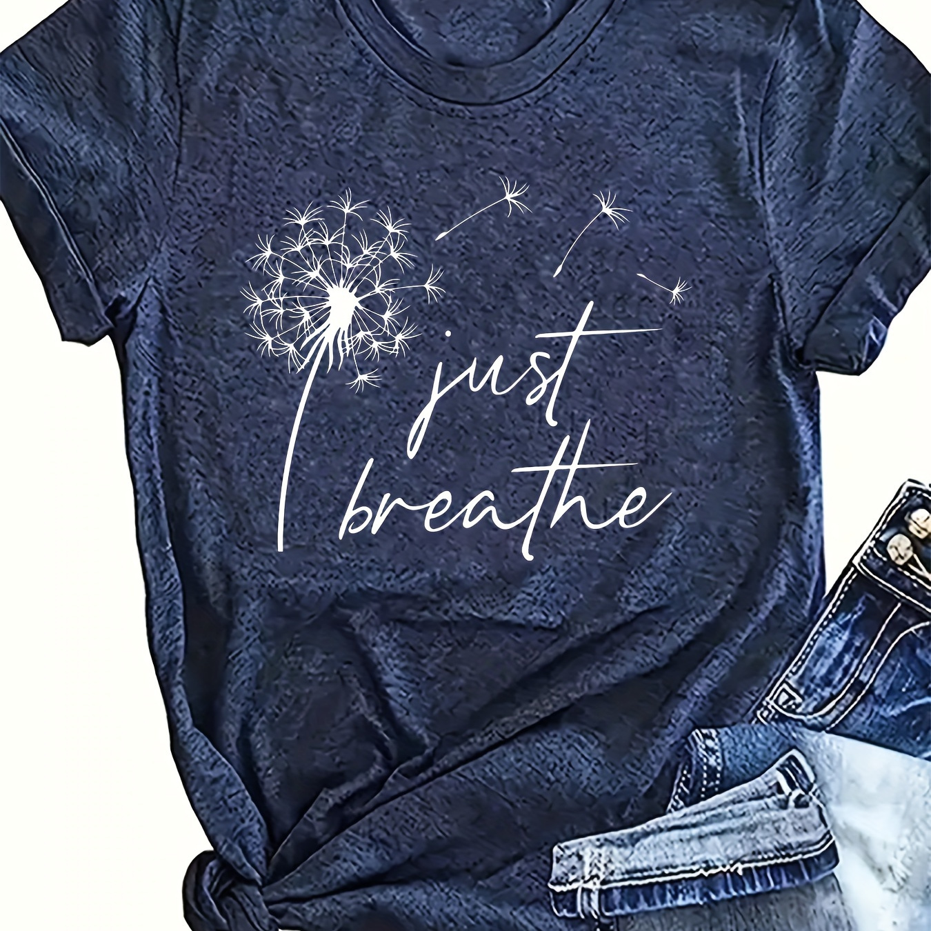 

Women's Inspirational Dandelion Graphic T-shirt - Casual Crew Neck Short Sleeve Tee With "just Breathe" Print, Cotton Knit Top For & Sports - Comfort Apparel