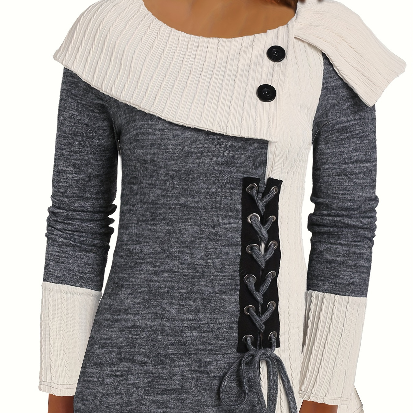 

Elegant Women's Long Sleeve Knit Top - Solid Color, Asymmetrical Hem With Button Detail, Stretch Fabric, Machine Washable