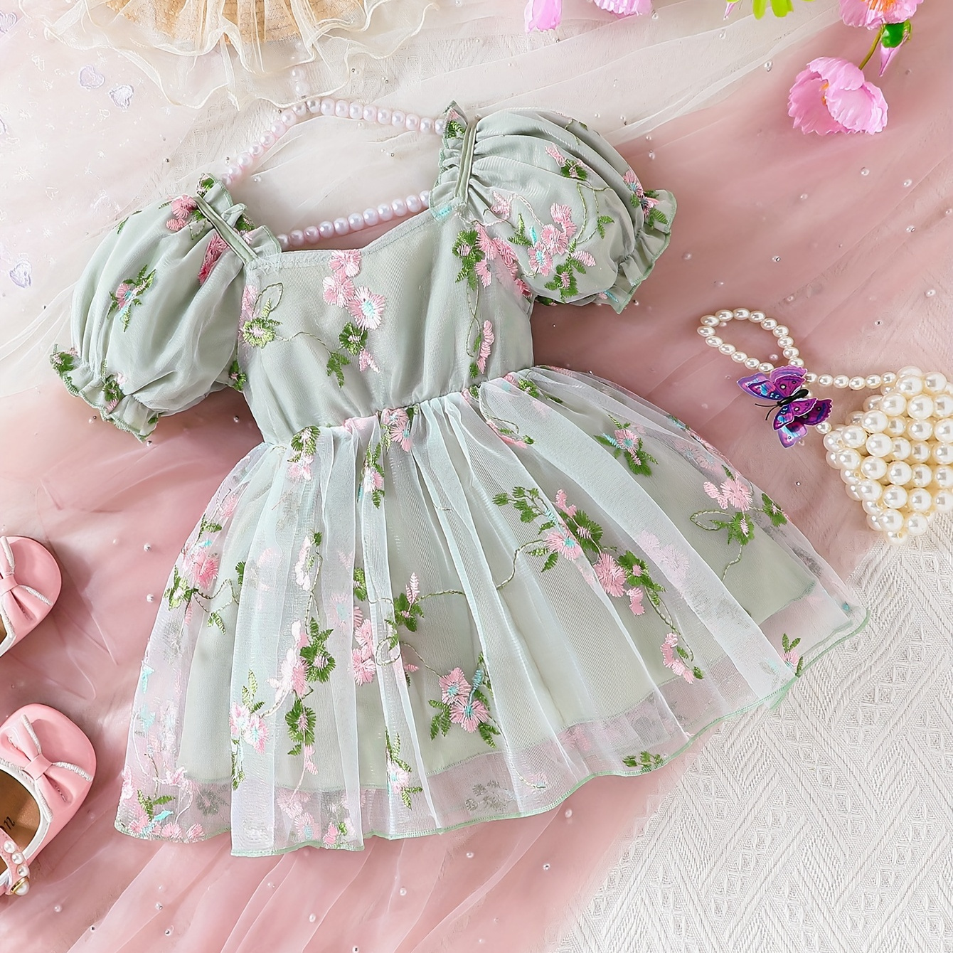 

Baby's Elegant Flower Embroidered Mesh Splicing Puff Sleeve Princess Dress, Infant & Toddler Girl's Clothing For Summer/spring, As Gift