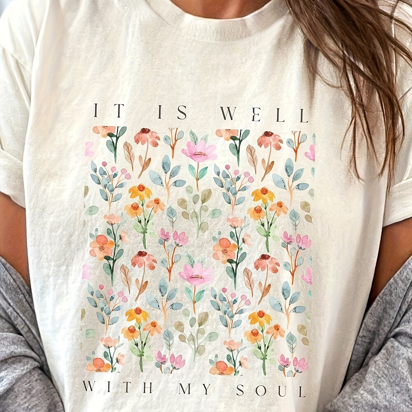 

Floral Print T-shirt, Short Sleeve Crew Neck Casual Top For Summer & Spring, Women's Clothing