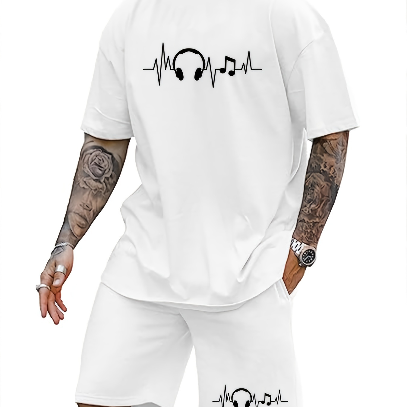 

Men's Trendy Casual Comfy Tees & Shorts, Headphones Graphic Print Crew Neck Short Sleeve T-shirt & Loose Shorts With Drawstring Pockets Home Pajamas Sets, Casual Sets For Summer