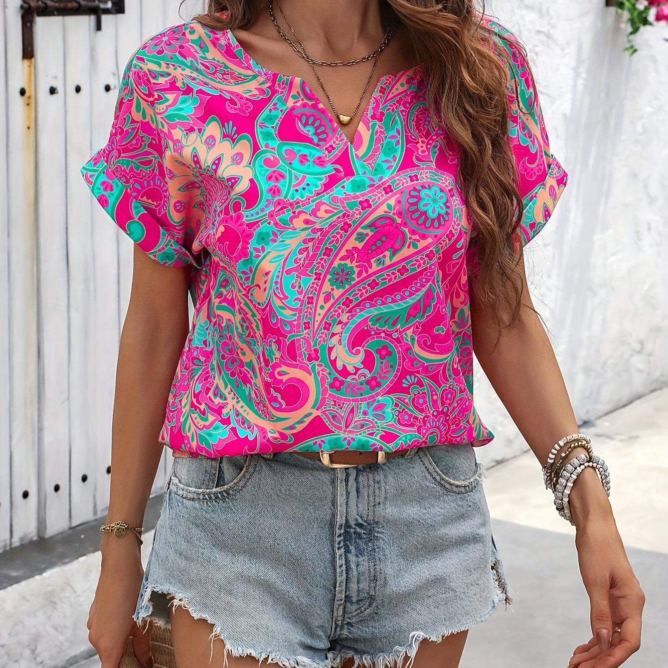 

Paisley Print Notch Neck Blouse, Casual Short Rolled Batwing Sleeve Top For Spring & Summer, Women's Clothing