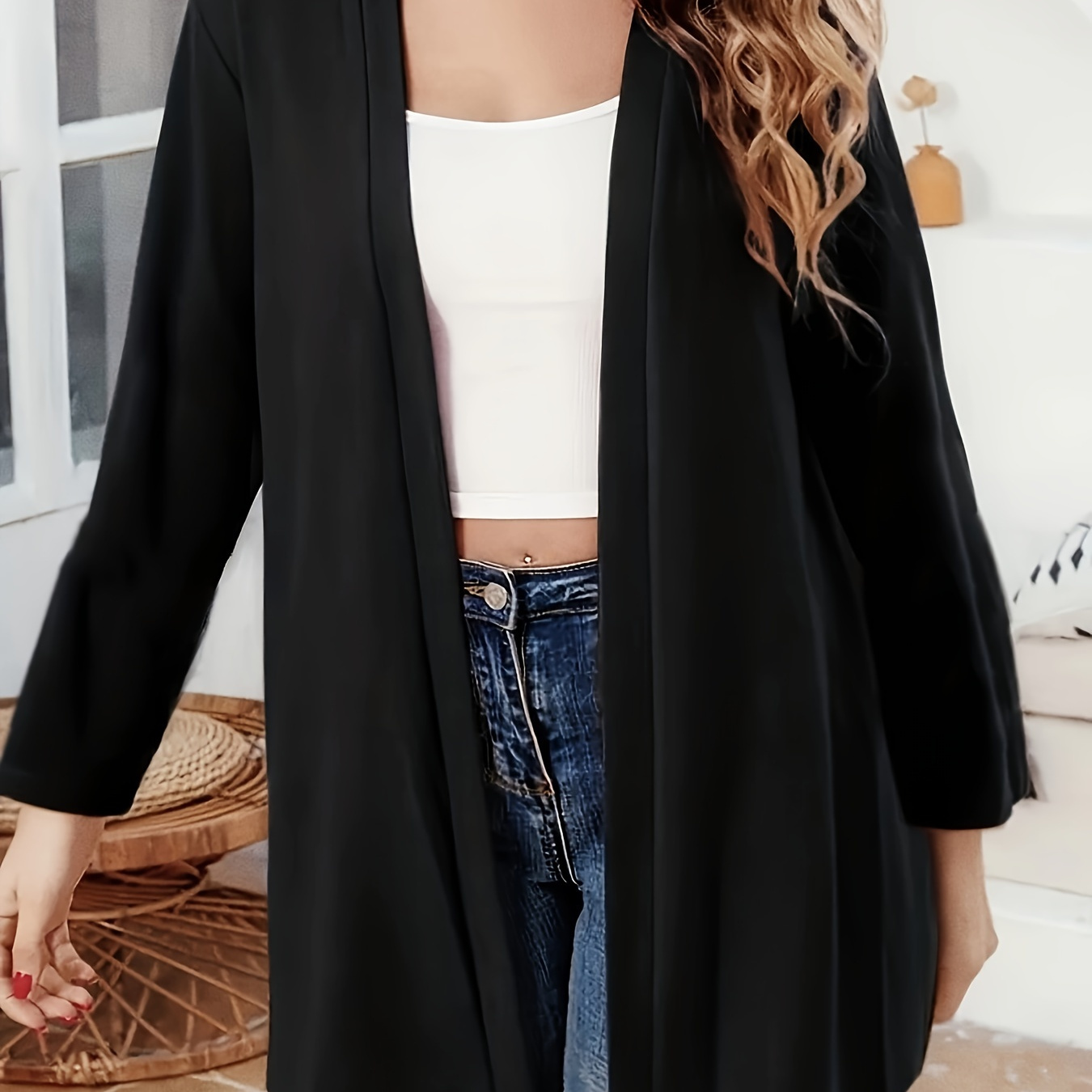 

Size Open Front Cardigan - , Solid Color, Fall & Winter - Machine Washable