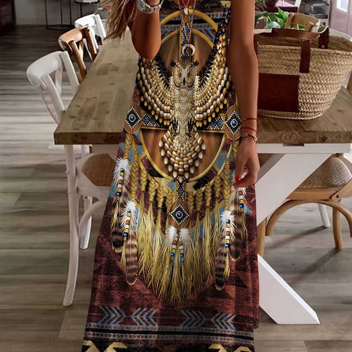 

Tribal Allover Print V-neck Dress, Vacation Short Sleeve Dress For Summer & Spring, Women's Clothing