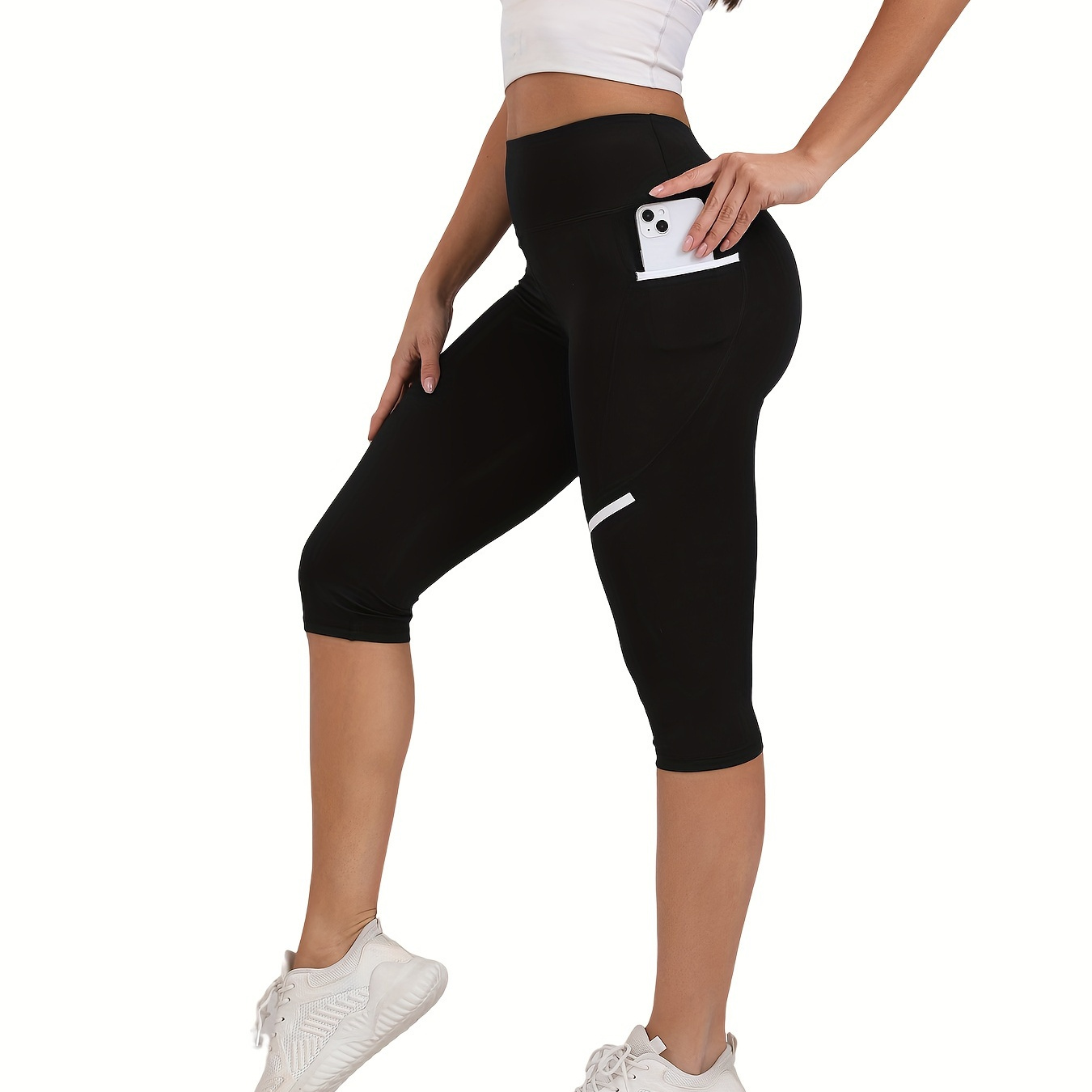 

Women's High Waist Tummy Control Yoga Capris, Breathable Running Fitness Capri Leggings With Strips, Sports Activewear