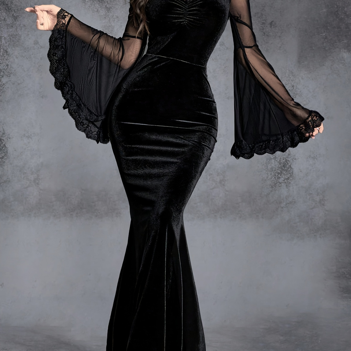 

Elegant Gothic Velvet Mermaid Dress With Mesh & Ruffle Sleeves - Low Neck, Semi-sheer, Stretchy Polyester , Machine Washable