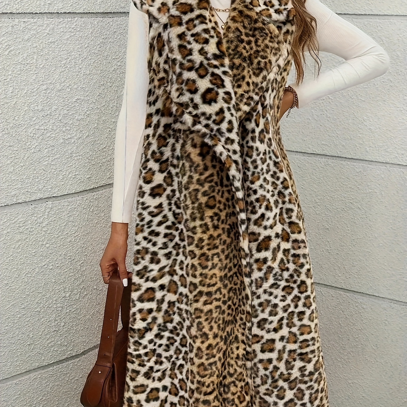 

Plus Size Elegant Leopard Print Vest With Lapel Collar, Long Length, Knit Fabric, Polyester