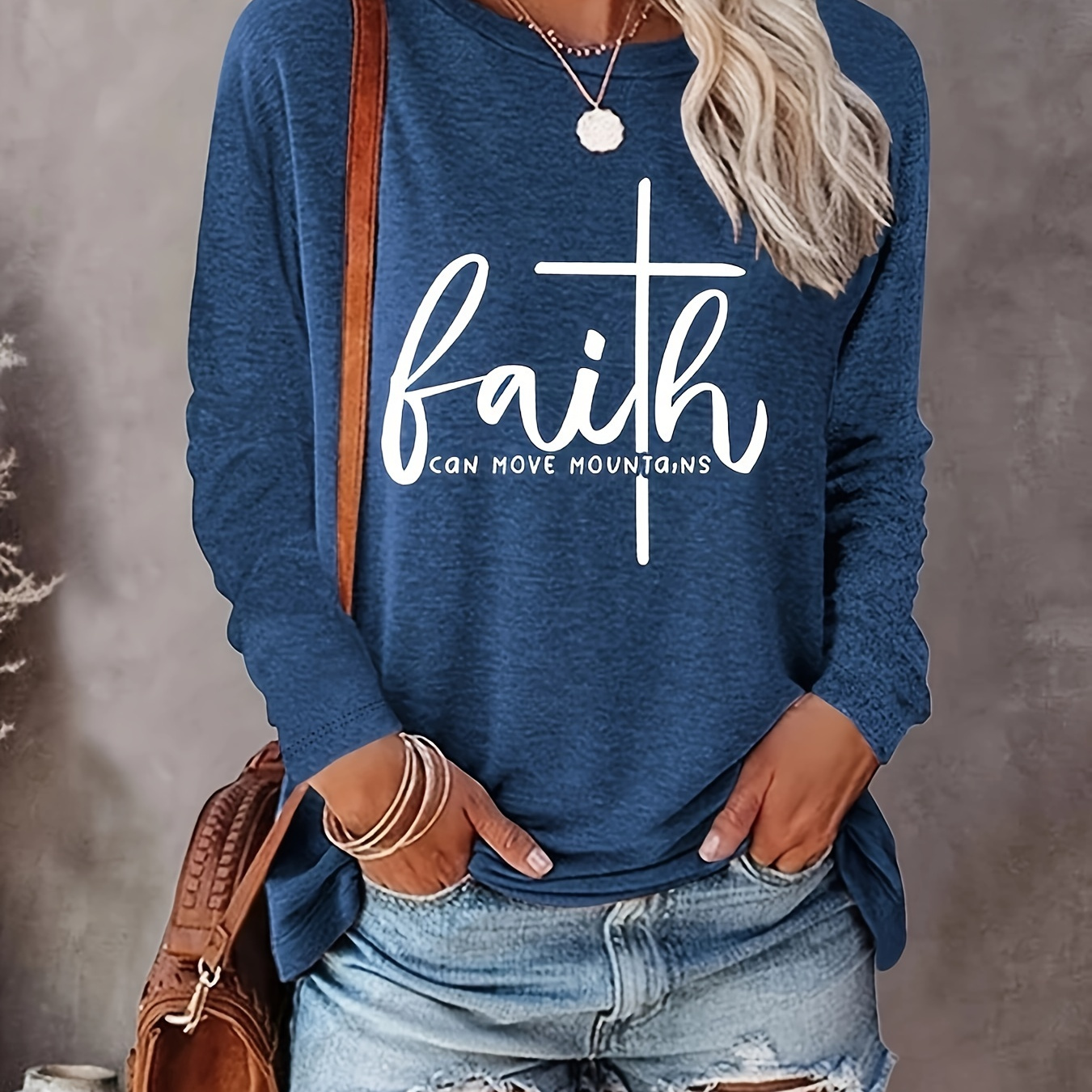 

Faith Print Crew Neck T-shirt, Casual Long Sleeve Top For Spring & Fall, Women's Clothing
