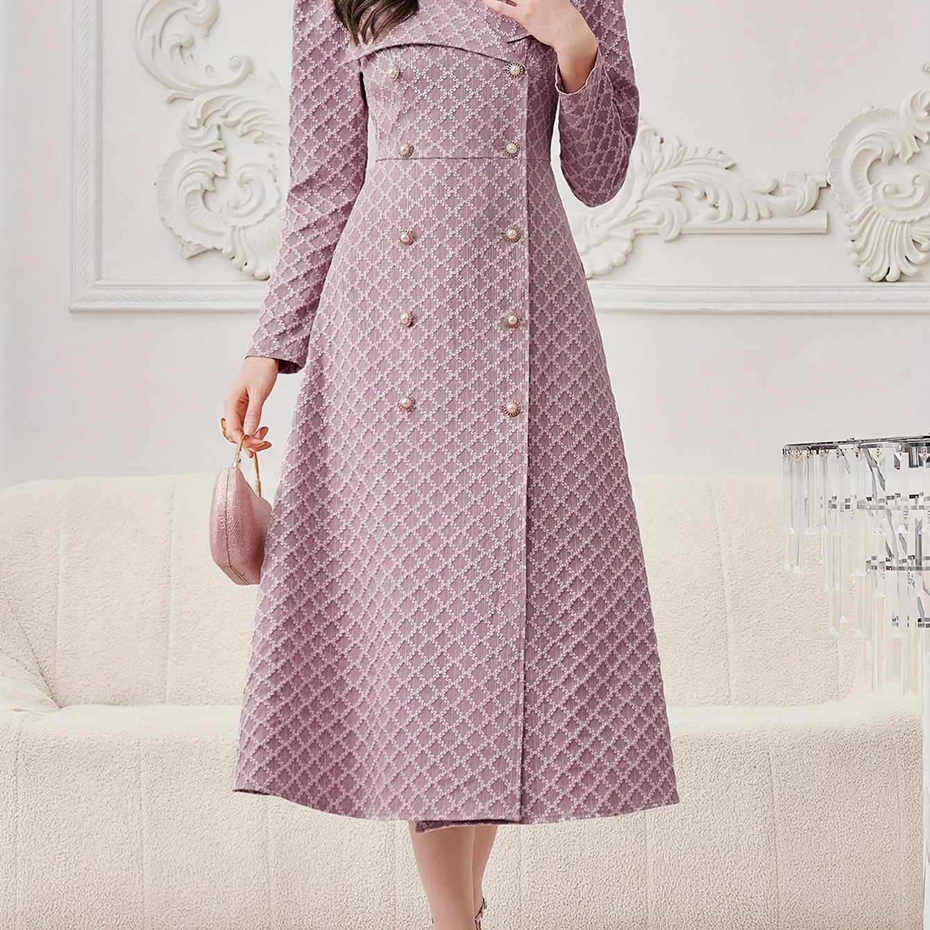 

Textured Double-breasted Lapel Neck Dress, Elegant Long Puff Sleeve Midi Dress For Spring & Fall, Women's Clothing