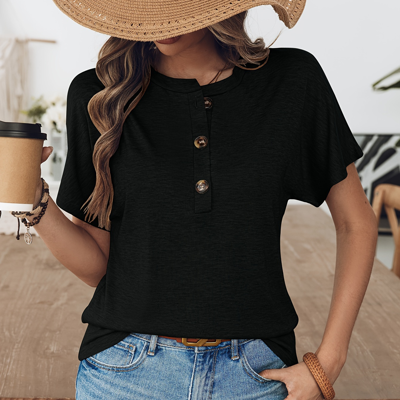 

Solid Color Button Front T-shirt, Casual Short Sleeve Top For , Women's Clothing