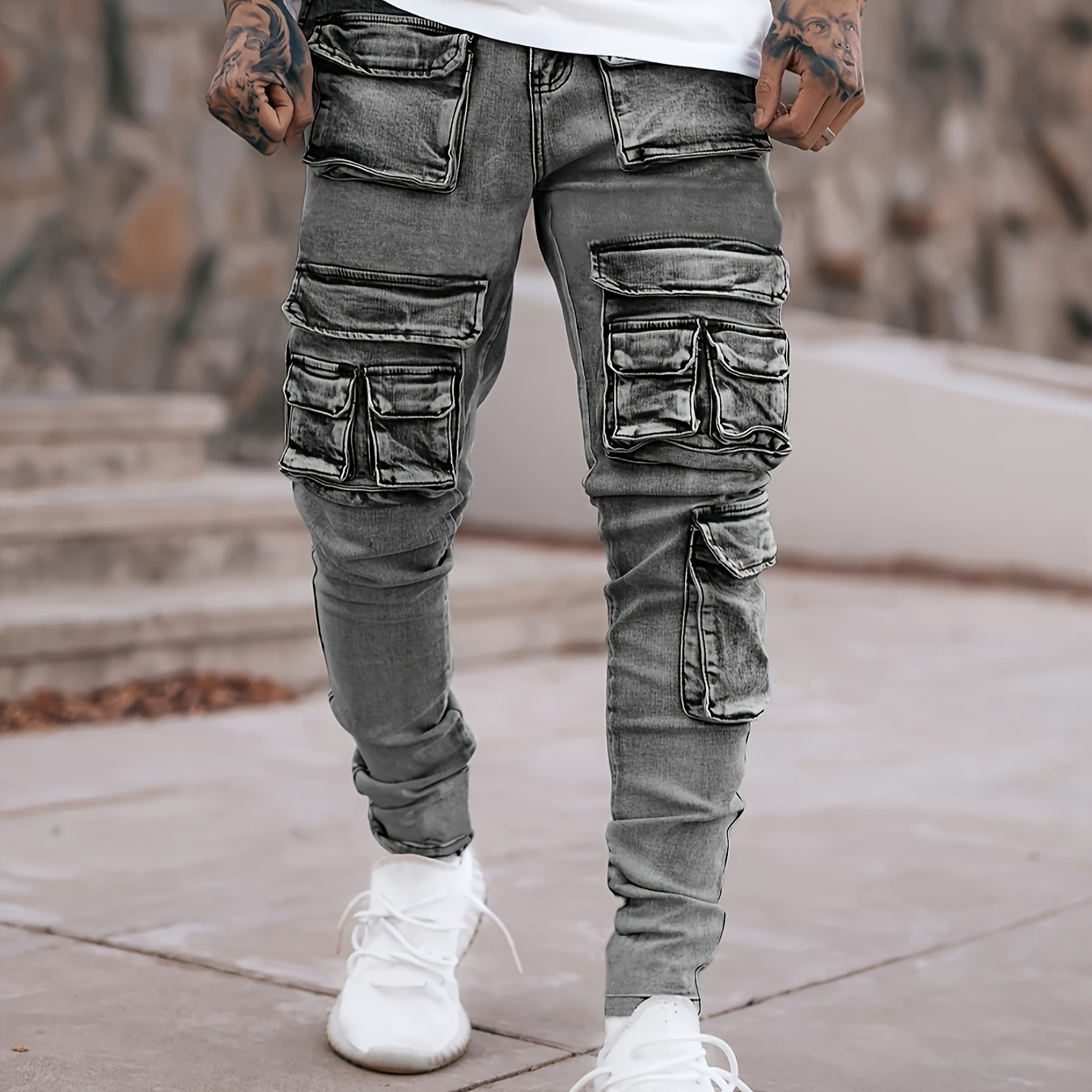 

Men's Fashion Vintage Multi-pocket Denim Pants, Distressed Design, Casual Street Style Jeans