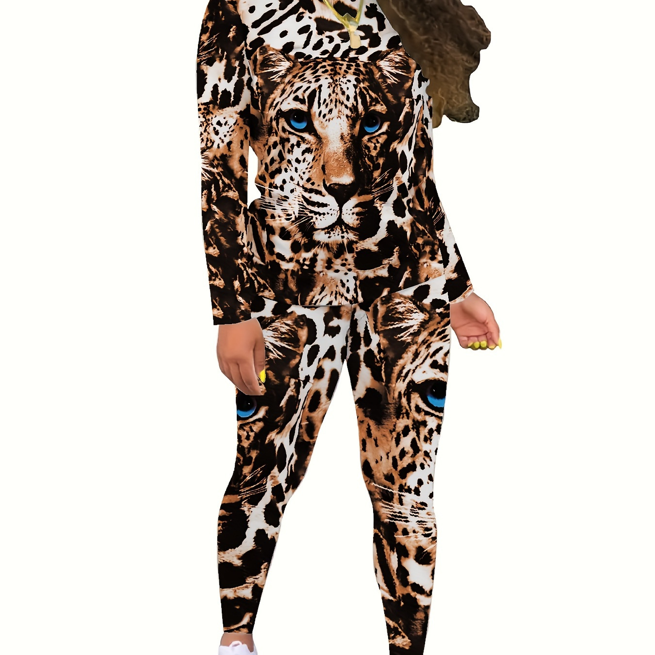 

Leopard Two-piece Set, Crew Neck Long Sleeve Top & Pants Outfits For Spring & Fall, Women's Clothing