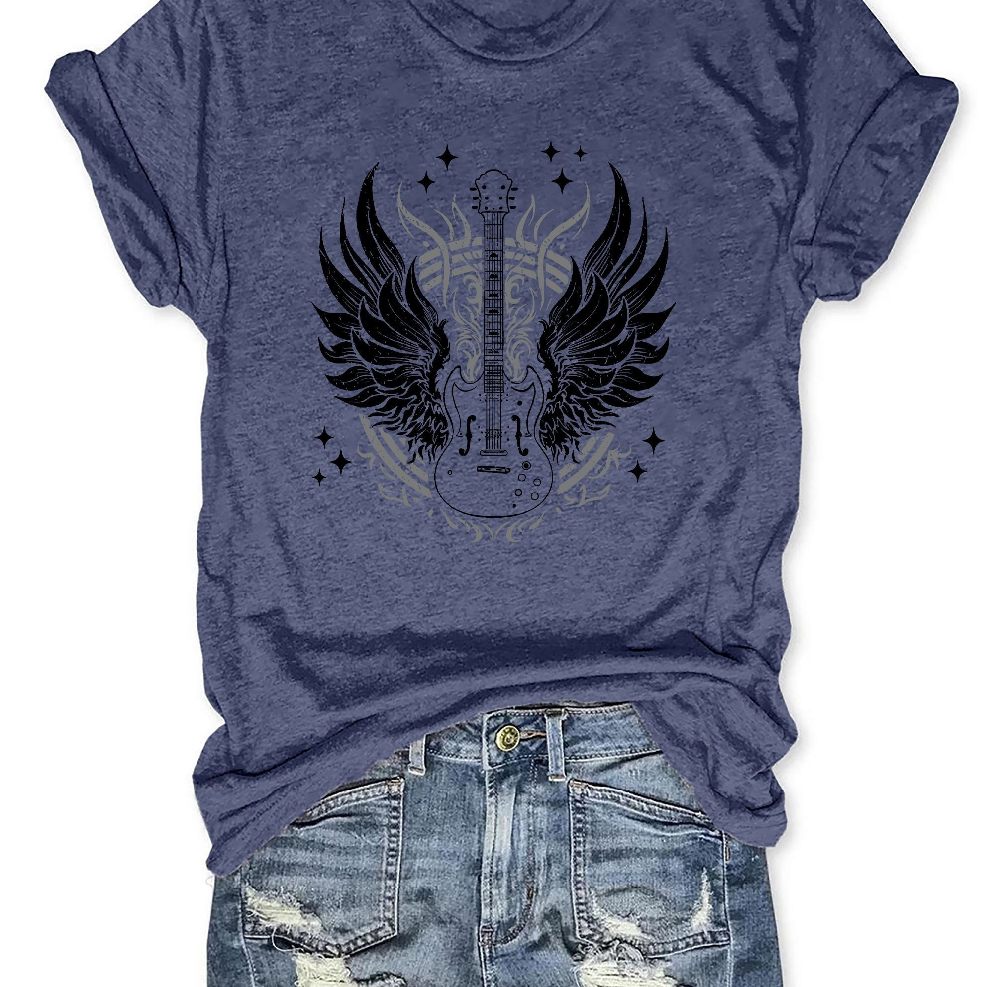 

Guitar Print Crew Neck T-shirt, Casual Short Sleeve Top For Spring & Summer, Women's Clothing