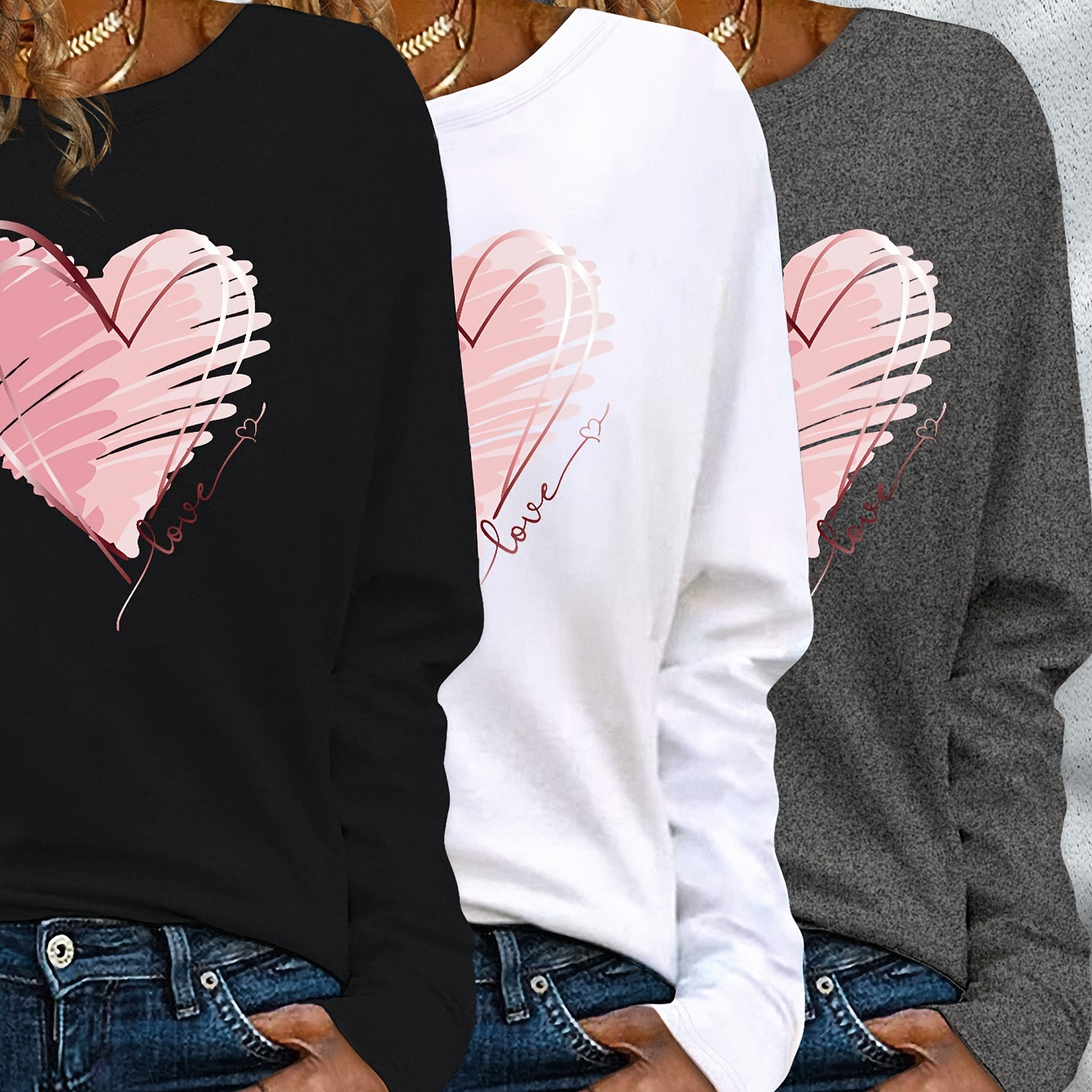 

3-pack Women's Long Sleeve T-shirts, Heart Print, Casual Round Neck, Polyester, Regular Length, All , Knit Fabric, With Iron-on Patch