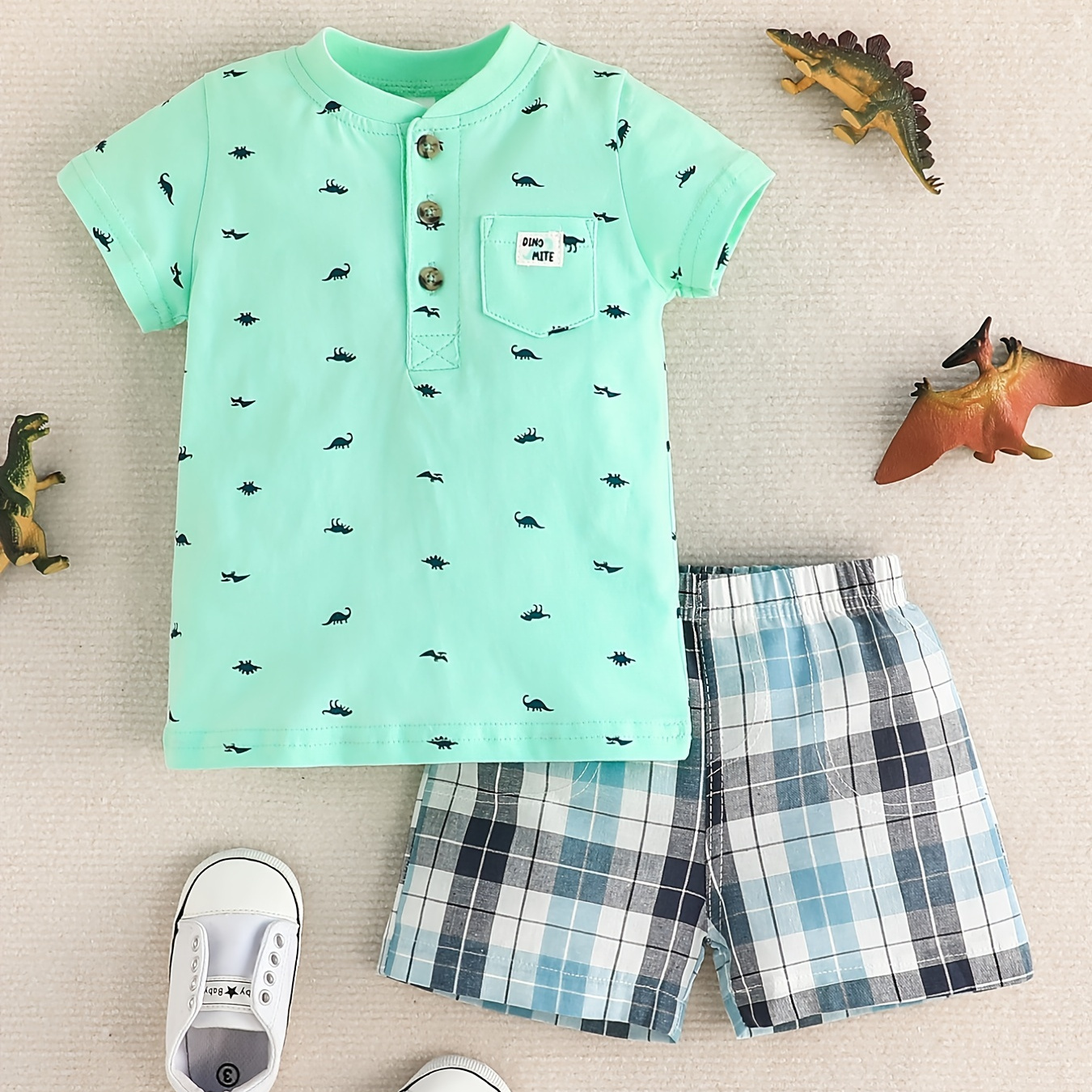 

2pcs Boys Cute Dinosaur Graphic Print T-shirt & Elastic Waist Plaid Shorts Set, Cotton Comfy Fashion Clothes For Summer