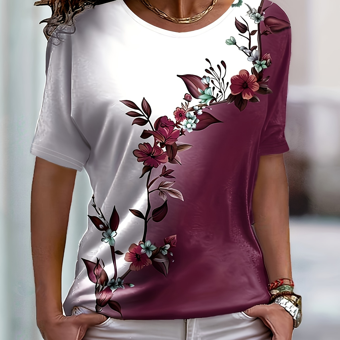 

T-shirt À Col Rond À Imprimé Floral, Haut Décontracté À Manches Courtes Pour Le Printemps Et L'été, Vêtements Pour Femmes