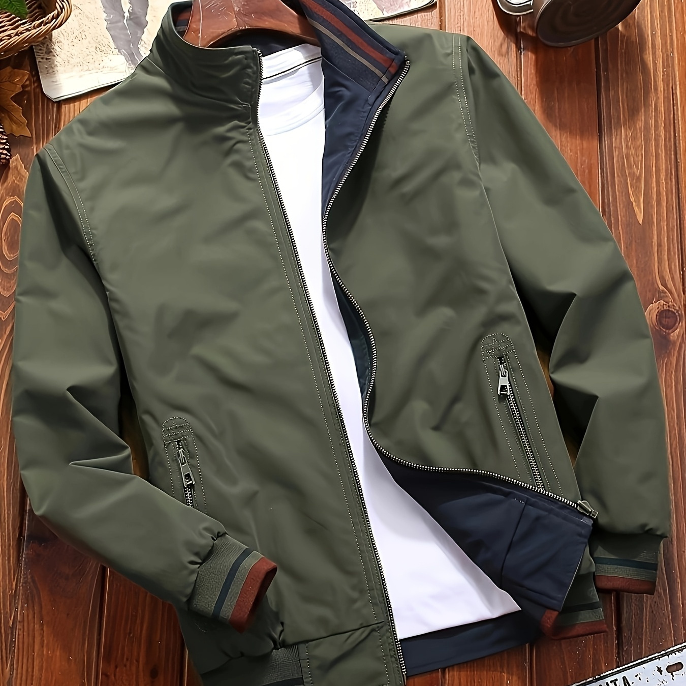 

Men's Reversible Casual Stand Collar Fashion Zip Up Jacket, Comfy Jacket