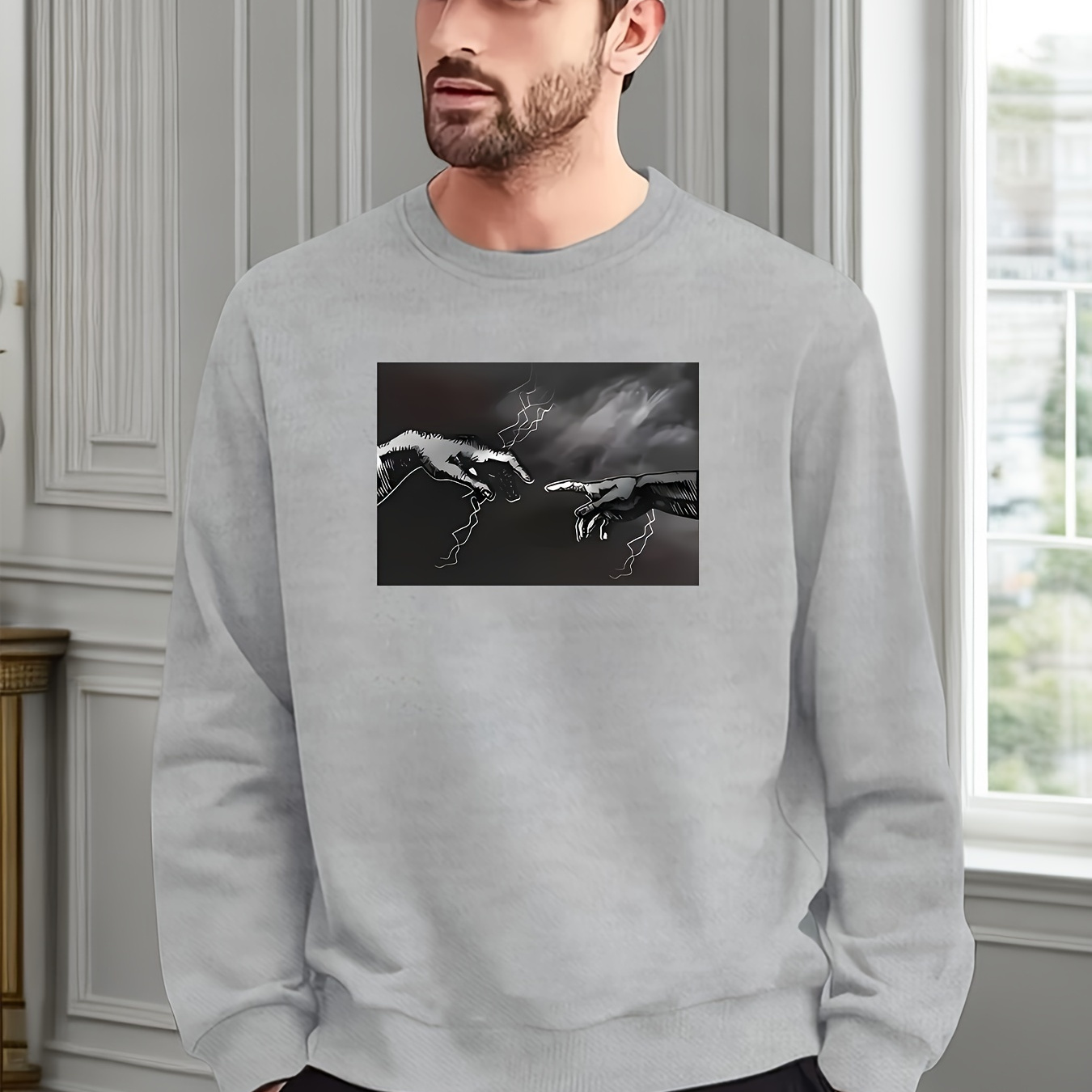 

Fingers Touching Print Trendy Sweatshirt, Men's Casual Graphic Design Crew Neck Pullover Sweatshirt For Men Fall Winter