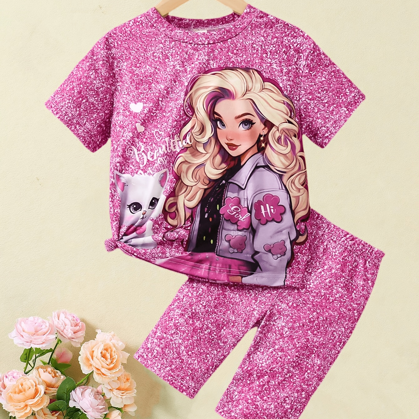 

Trendy 2-piece Girl's Portrait Print Short Sleeve Top + Shorts Set Holiday Summer Clothes