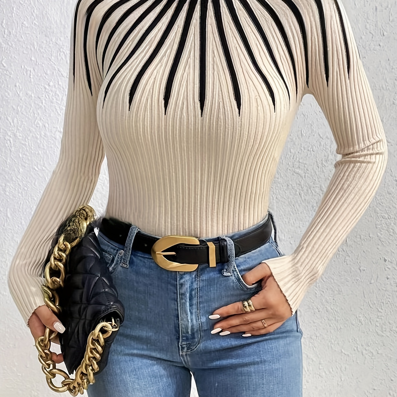 

Elegant Ribbed Knit Sweater For Women - Long Sleeve, Mock Neck Pullover, Fall & Winter