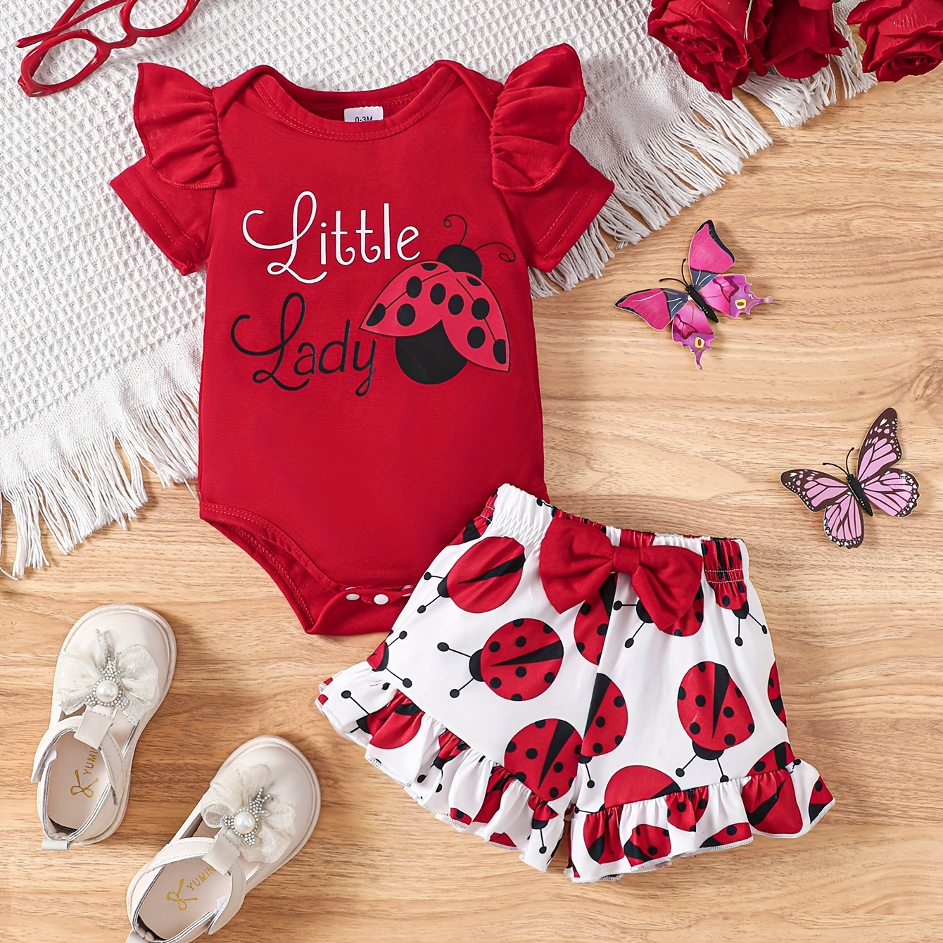 

Baby's "little Lady" Print 2pcs Casual Summer Outfit, Short Sleeve Bodysuit & Ladybug Full Print Shorts Set, Toddler & Infant Girl's Clothes For Daily/holiday/party