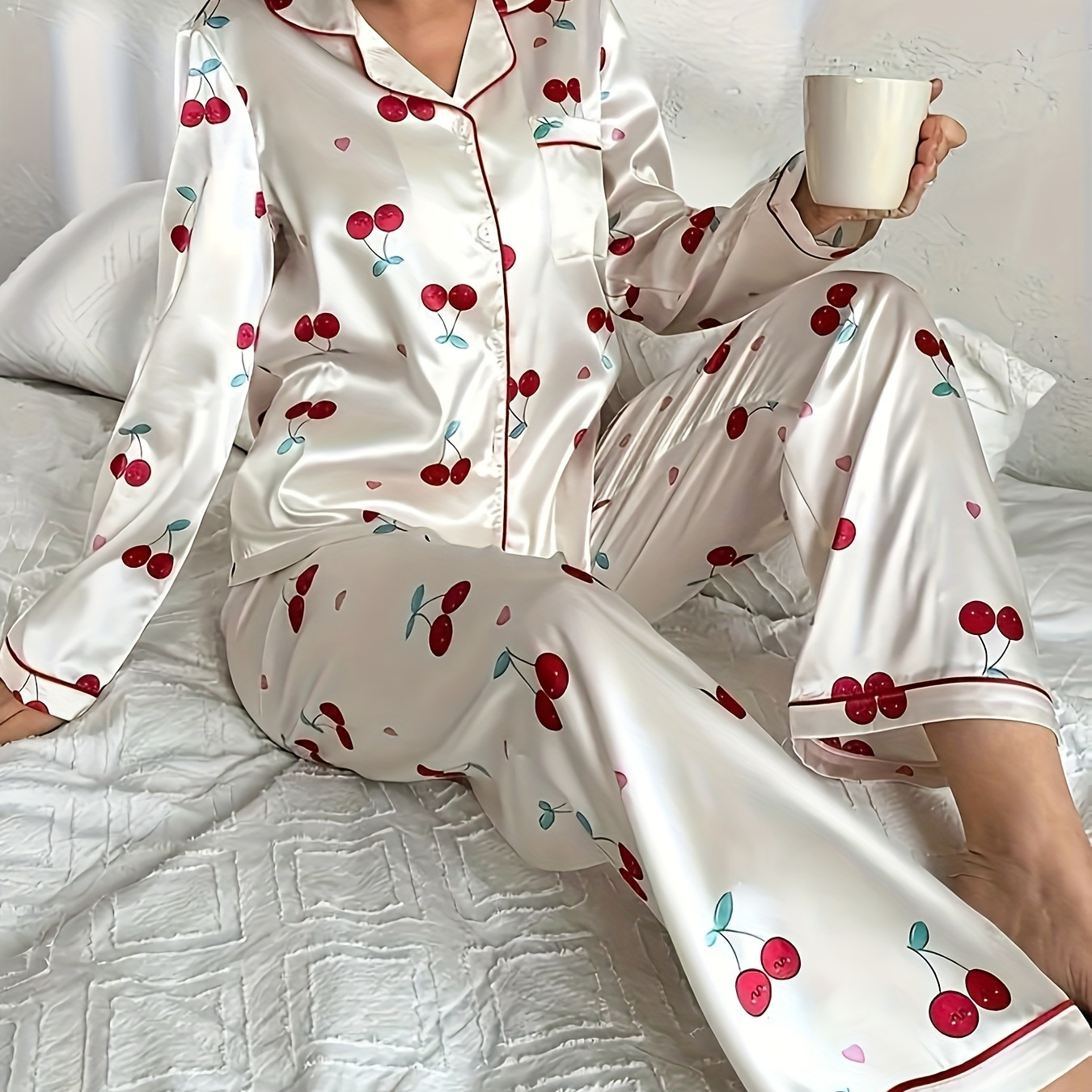 

Women's Satin Pajama Set, Long Sleeve Cherry Print, Button-up Nightwear, , , Adult Sleepwear, Woven Fabric