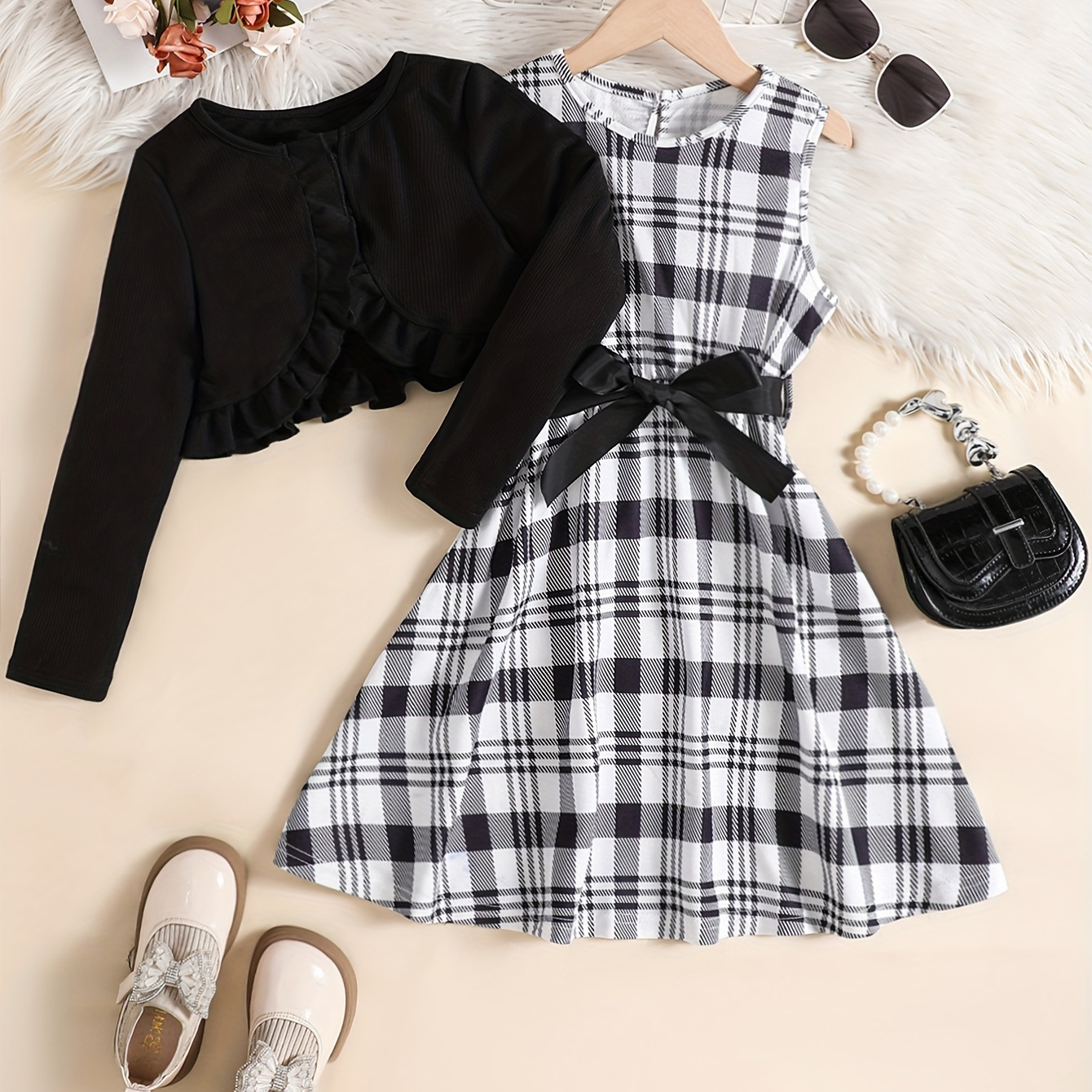 

Girls' Casual 2-piece Set, Long Sleeve Cardigan + Plaid Sundress & Belt, Suitable For Spring Fall, Party, Gift