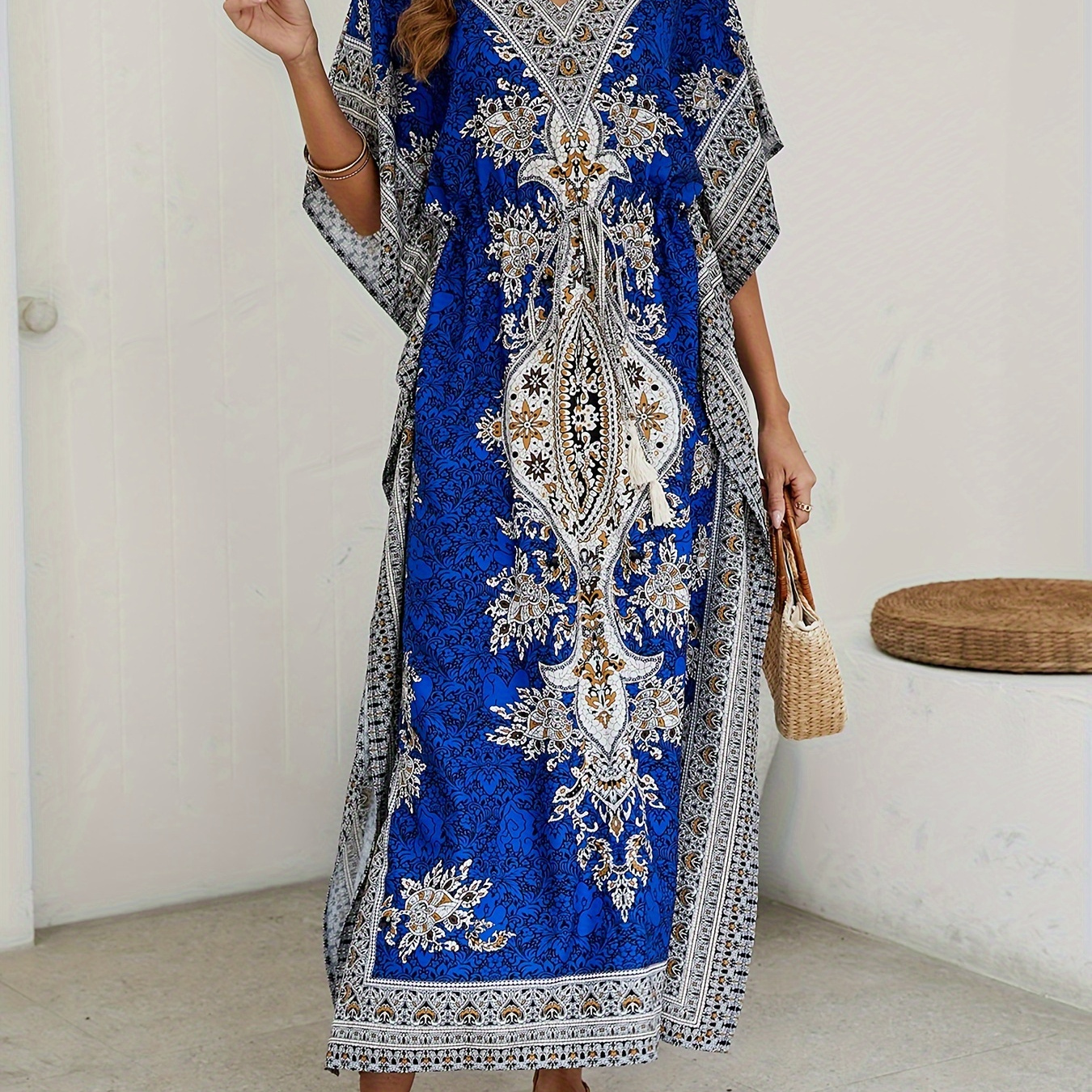 

Ramadan Ethnic Print V-neck Kaftan Dress, Vintage Batwing Sleeve Split Maxi Length Dress, Women's Clothing
