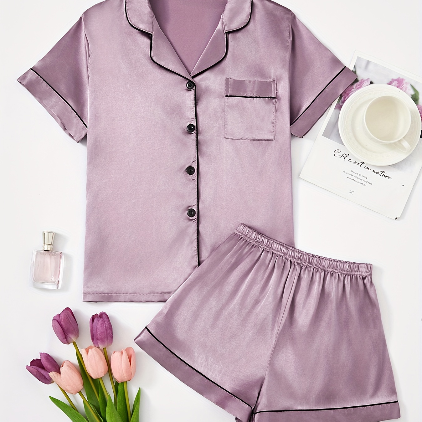 

Solid Satin Pajama Set, Short-sleeve Button- And Shorts, Women's Loungewear Ensemble.