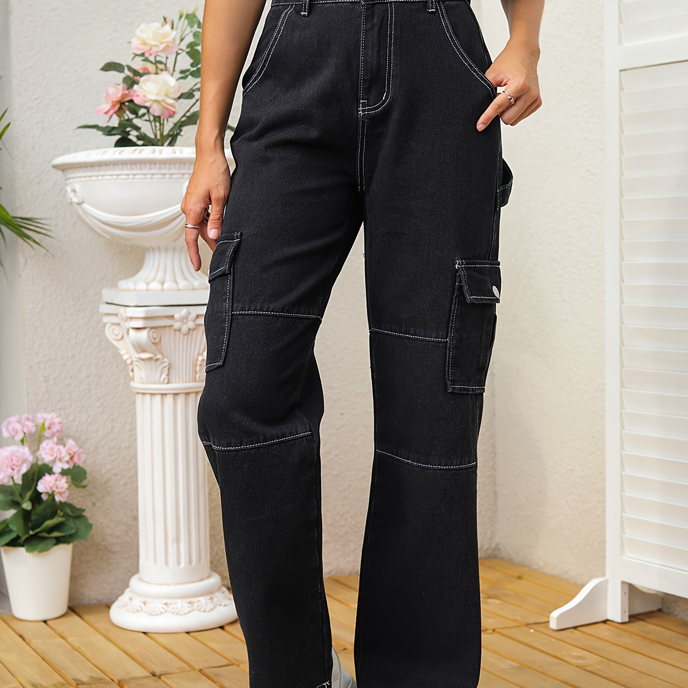 Black Flap Pockets Straight Jeans, Loose Fit Non-Stretch Casual Cargo  Pants, Y2K & Kpop Style, Women's Denim Jeans & Clothing