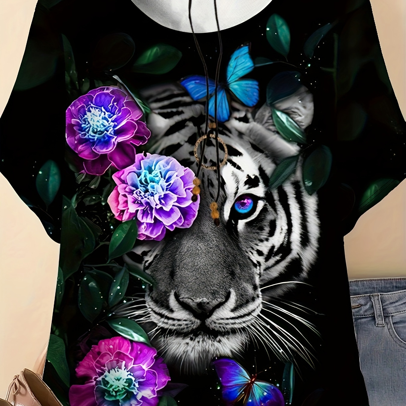 

Europe And The United States Summer Fashion Casual Plus-size Women's 3d Printed Pattern Flower Tiger Pattern Plus-size Women's Round Neck Short-sleeved T-shirt Clothing