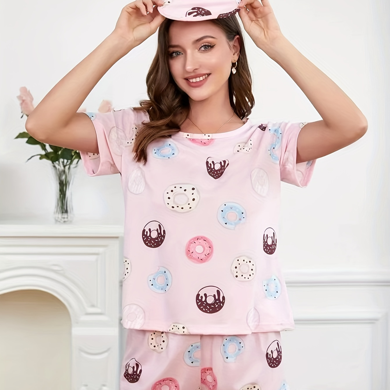 

Donut Print Pajamas Set, Short Sleeve Tee Top & Shorts Pj Set, Women's Loungewear & Sleepwear