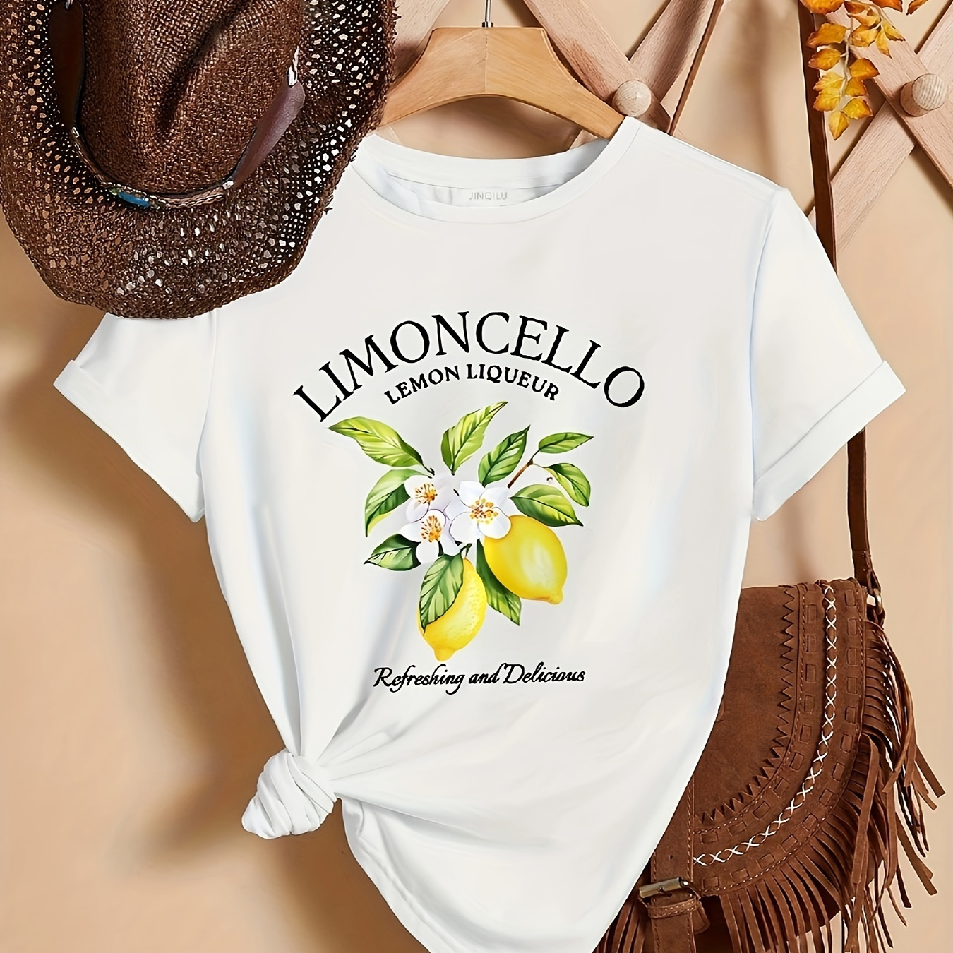 

1pc Women's Lemoncello Lemon Liqueur Graphic Tee, Casual Crew Neck Short Sleeve T-shirt, Polyester Knit Fabric, Regular Fit, All - White