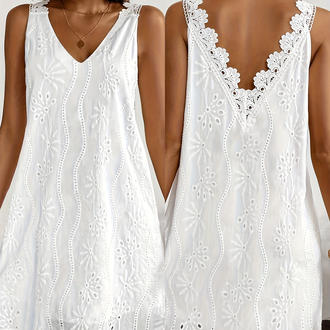 Vestido de Renda Sem Mangas com Decote em V para Mulher, Perfeito para o Verão. Este Vestido Puro Apresenta Aplicações de Renda Contrastantes e É Feito de Tecido Leve e Respirável, Ideal para Férias na Praia e no Jardim. É um Lindo Vestido de Renda