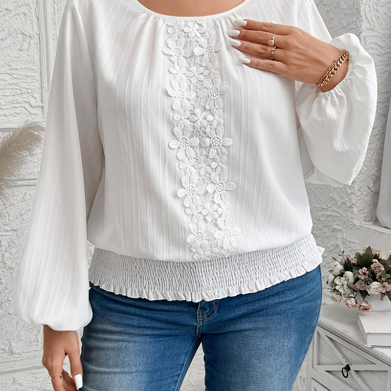 

Women's Plus Size Elegant White Long Sleeve Shirt With Ruffle Neckline And Lantern Sleeves, Polyester 100 Neck Pullover Top For Casual Weekend, Solid Color Woven Fabric, Non-stretch Fit