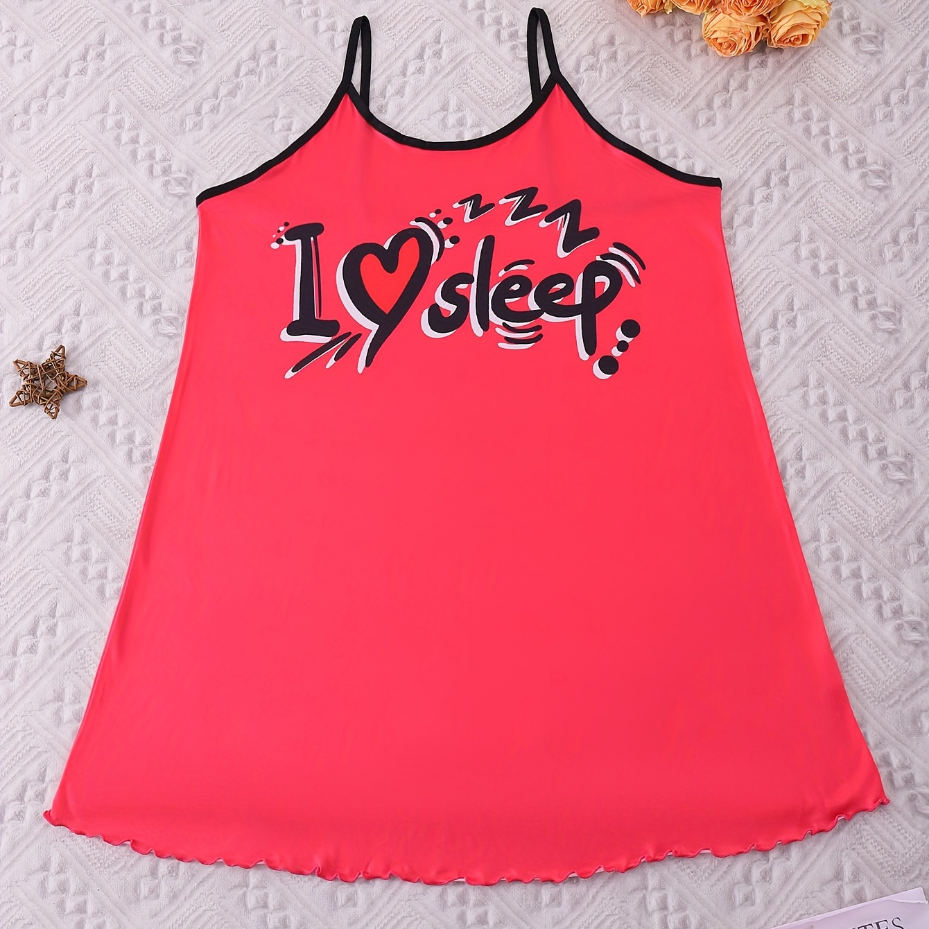 

1pc Plus Size Women's Cartoon Heart & Letter Print Sleep Dress - Casual Polyester Knit Fabric Nightdress With Slight Stretch, Spaghetti Strap, Lettuce Trim, Round Neck - All Season Slip Dress