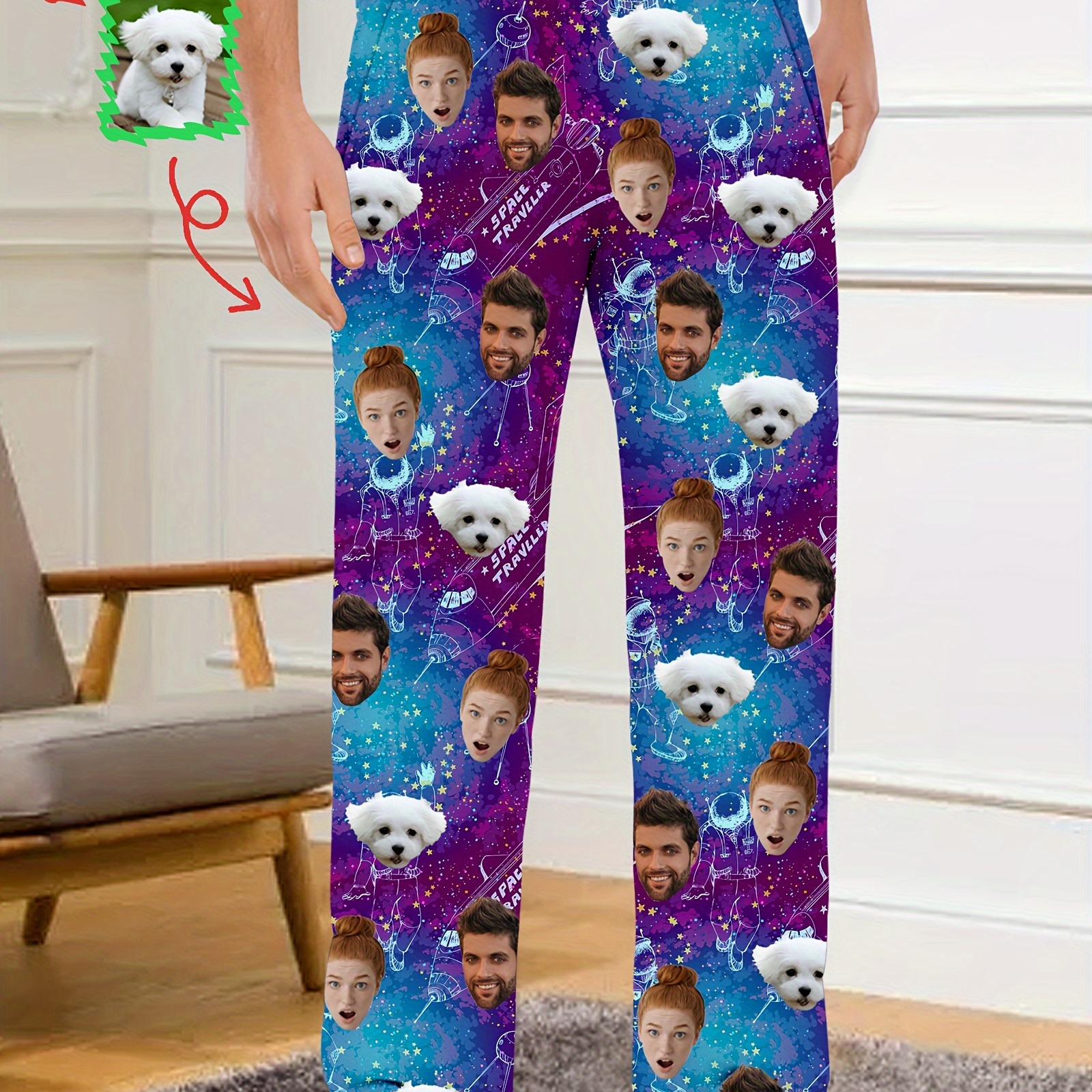 

Customizable Men' Pants, Polyester Knit Fabric With Slight Stretch, Regular Fit Long Pants With Pockets, Novelty Pattern Lounge Bottoms, With Photo Personalization For Christmas Pajama Parties