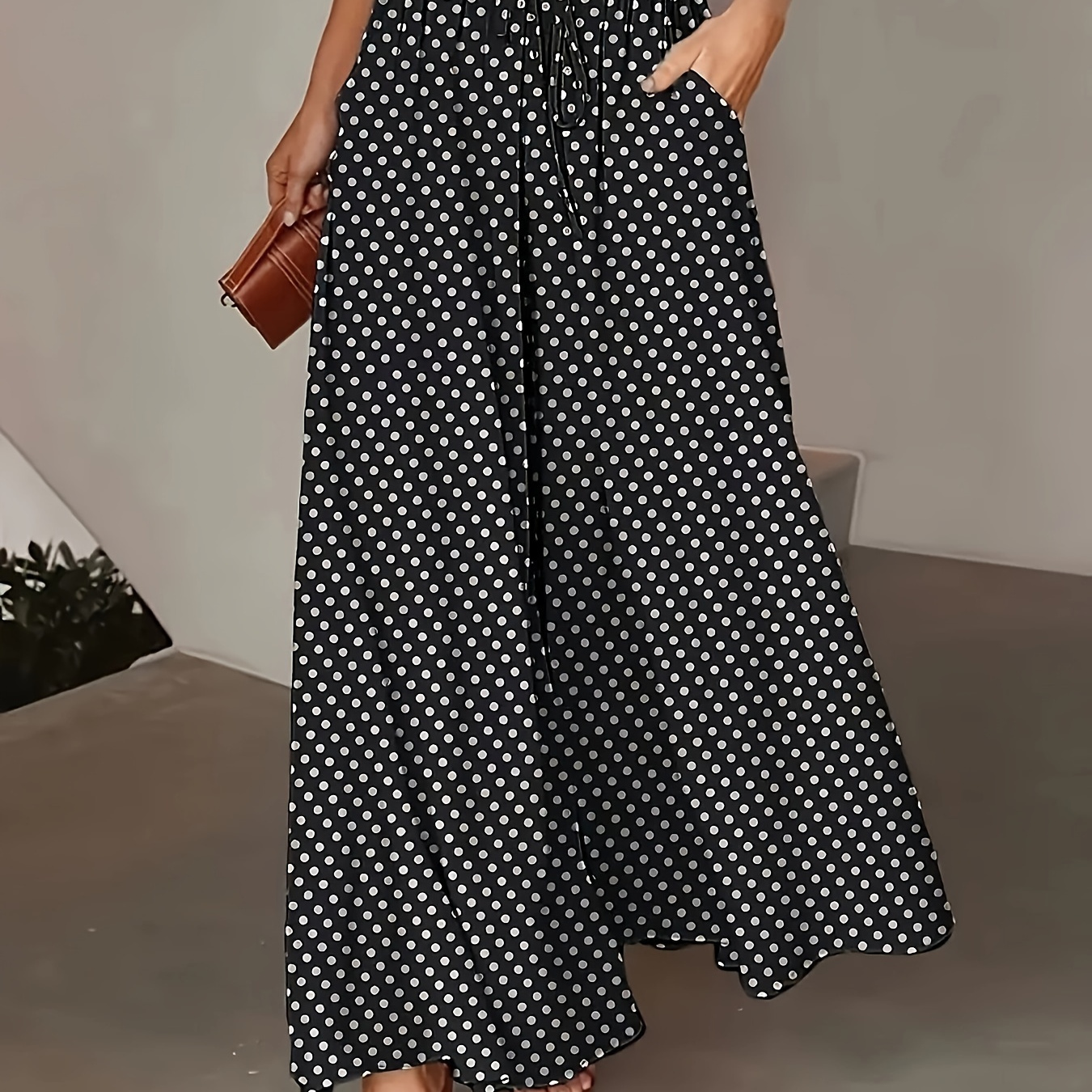 

Polka Dot Wide Leg Pants, Casual Paper Bag Waist Pocket Pants, Women's Clothing